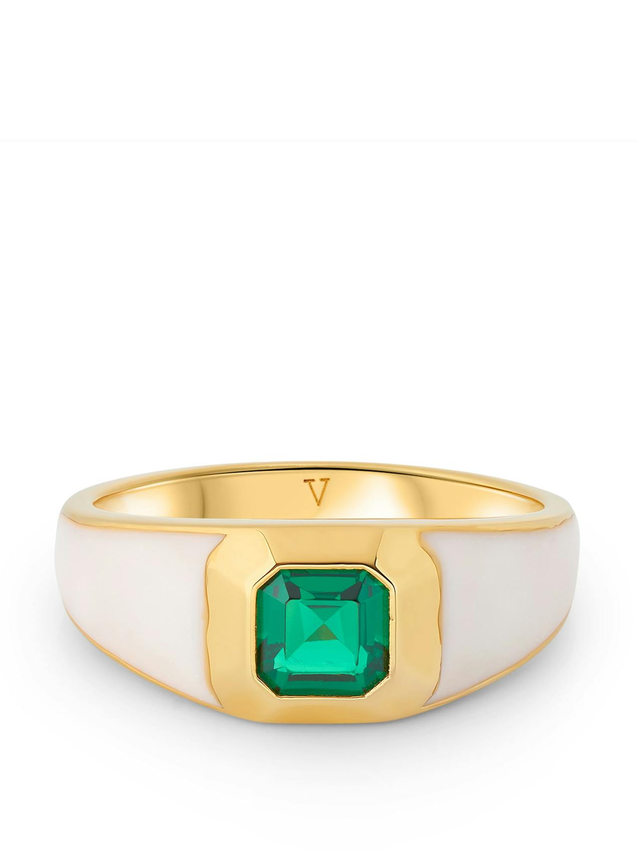 Sophie white enamel signet ring with emerald green stone