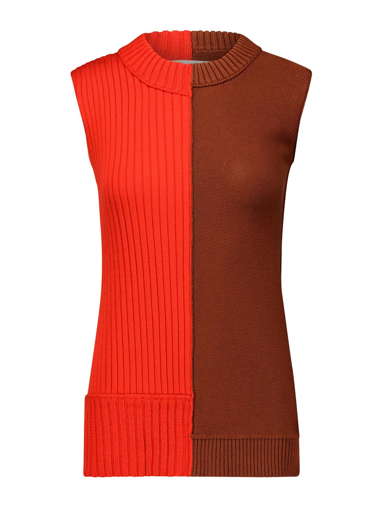Poppy and brown patchwork sleeveless pullover