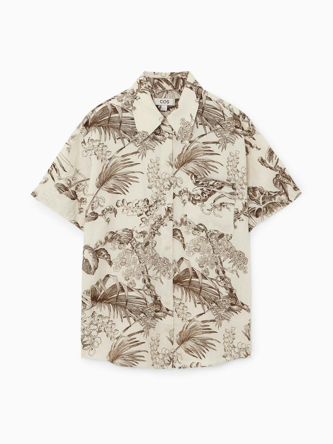Botanical-print short-sleeved linen shirt