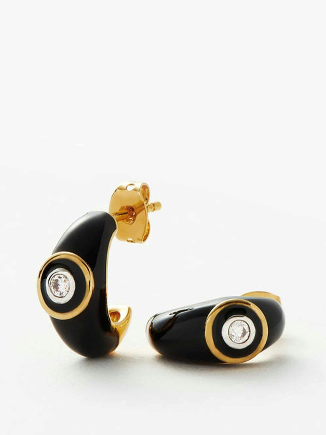Black enamel and stone hoop earrings