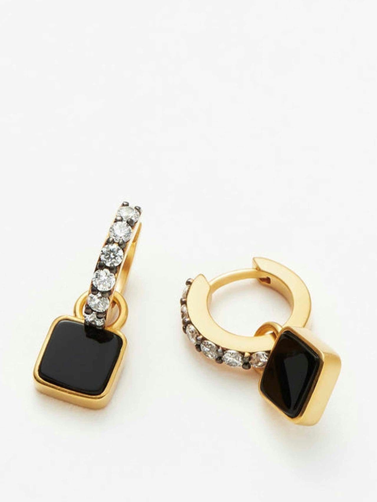 Square black onyx charm mini hoop earrings