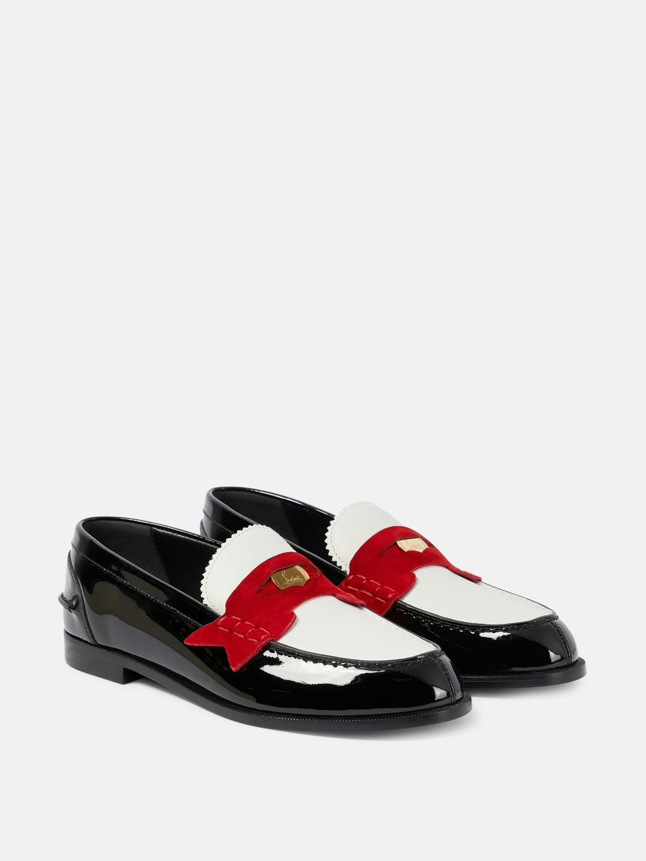 Penny suede-trimmed patent leather penny loafers