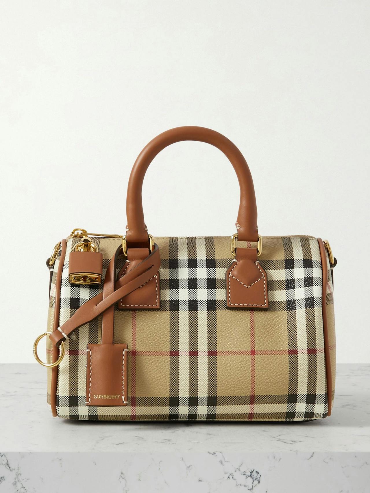 Checked smooth and textured-leather tote