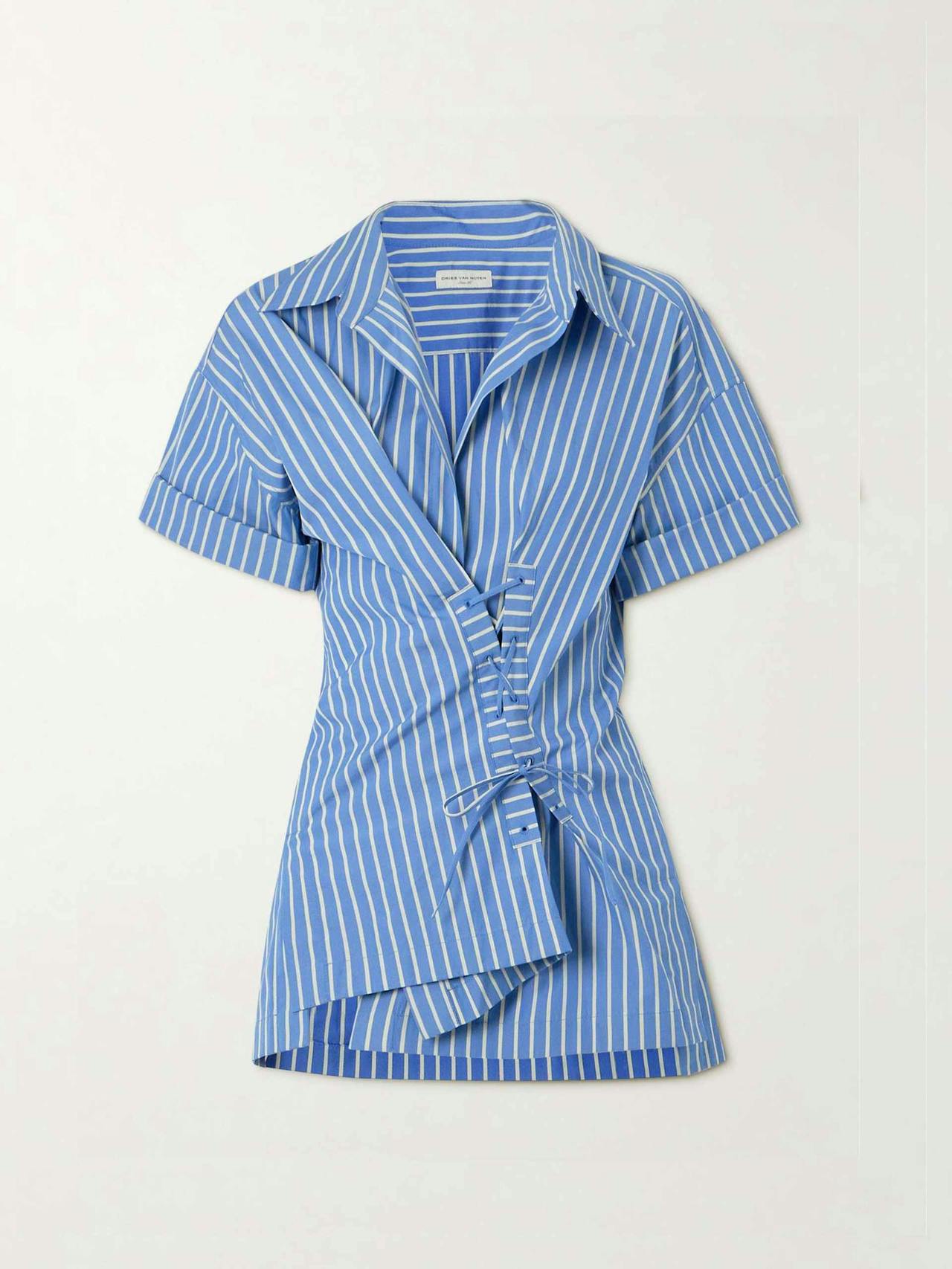 Striped lace-up cotton-poplin shirt
