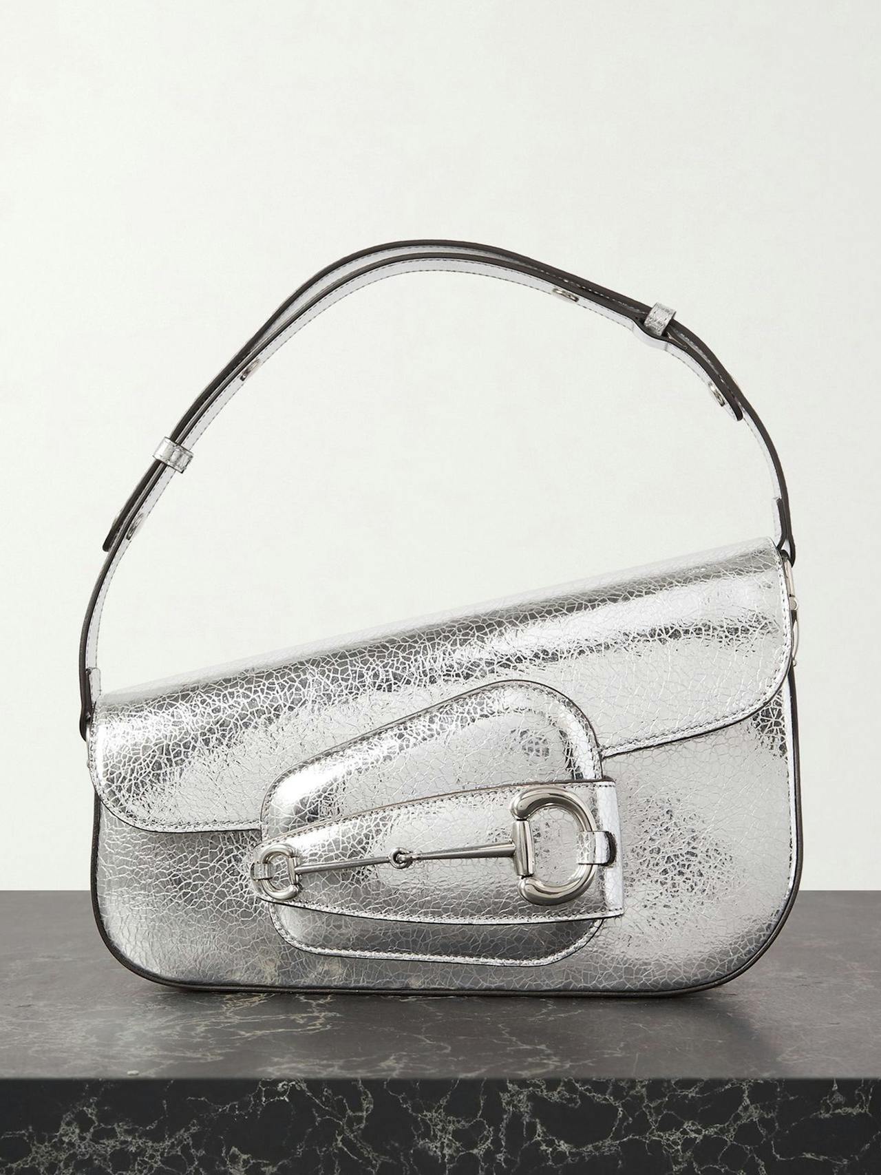 1955 Horsebit metallic cracked-leather shoulder bag