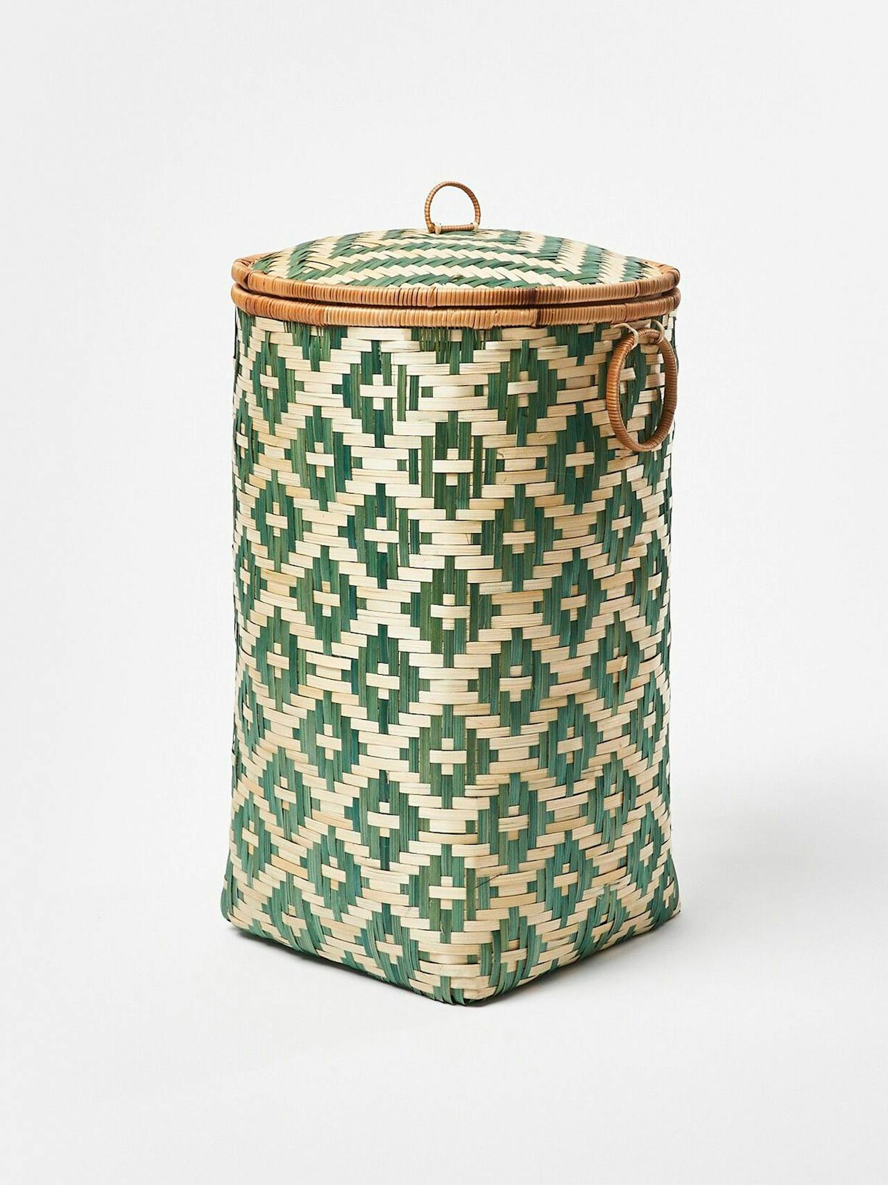 Woven green bamboo laundry basket