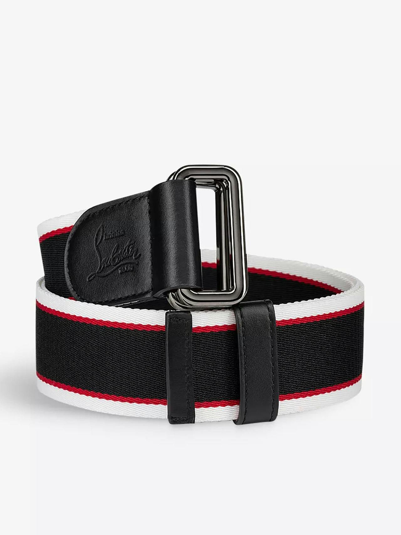 Stripe-embellished canvas and leather belt