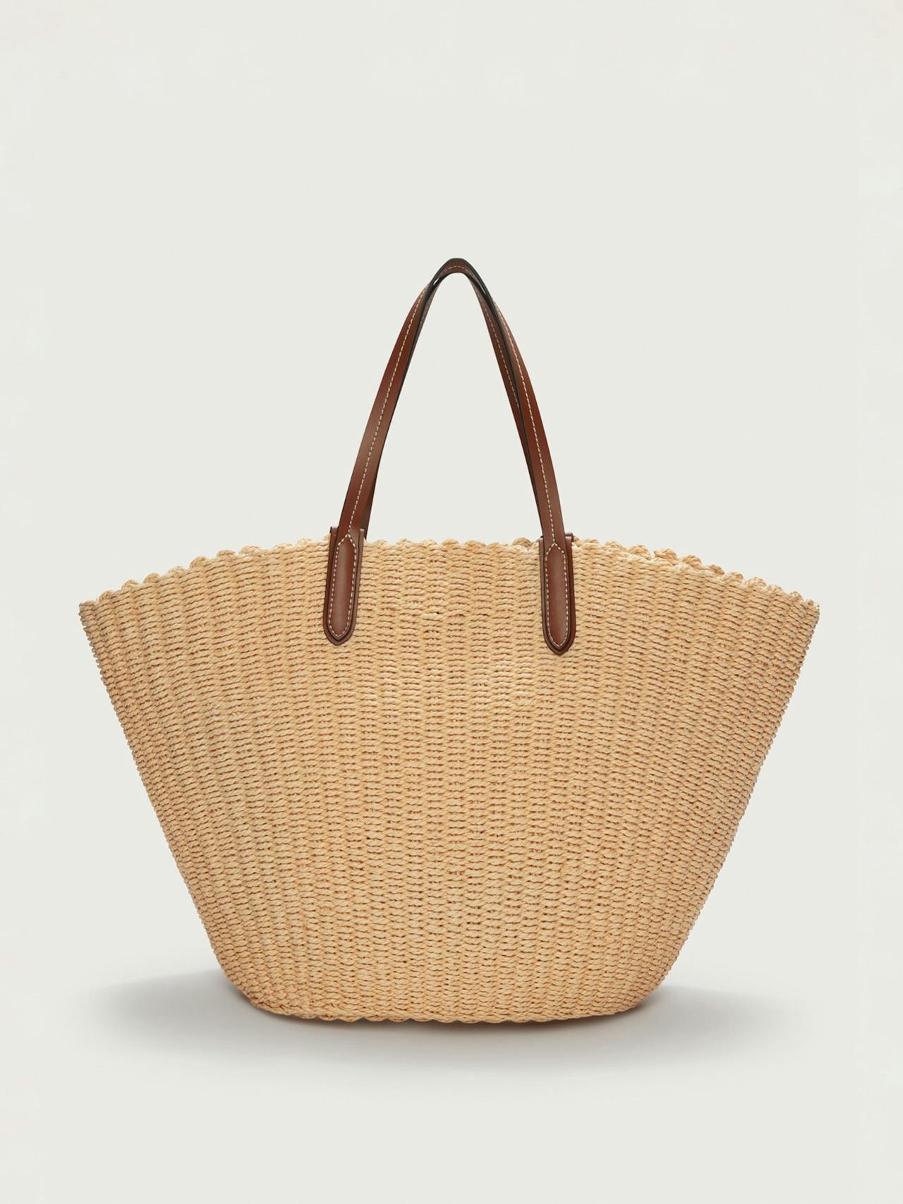 Leather trim straw basket tote bag