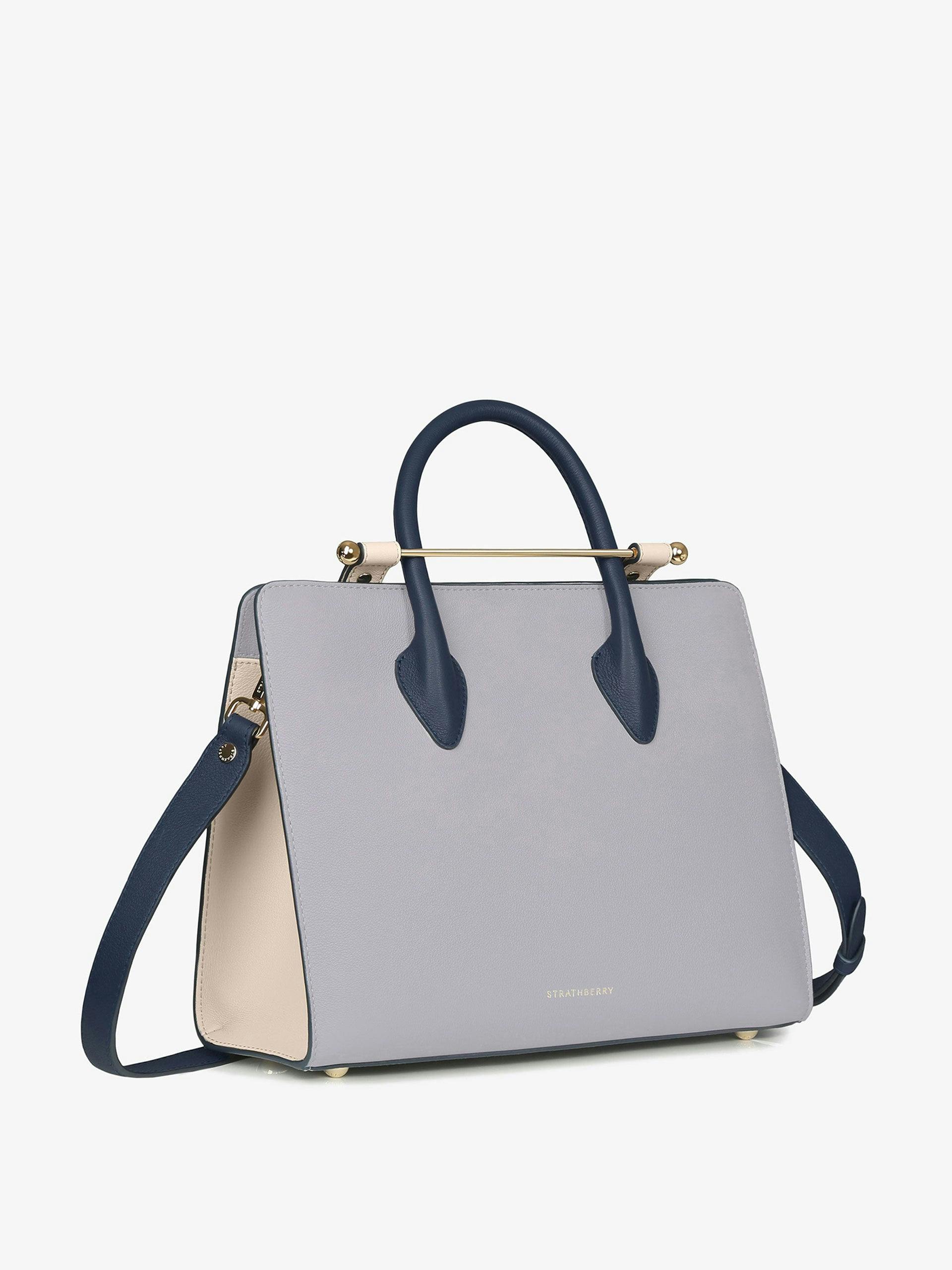 Frost grey, oat and navy Strathberry midi tote bag