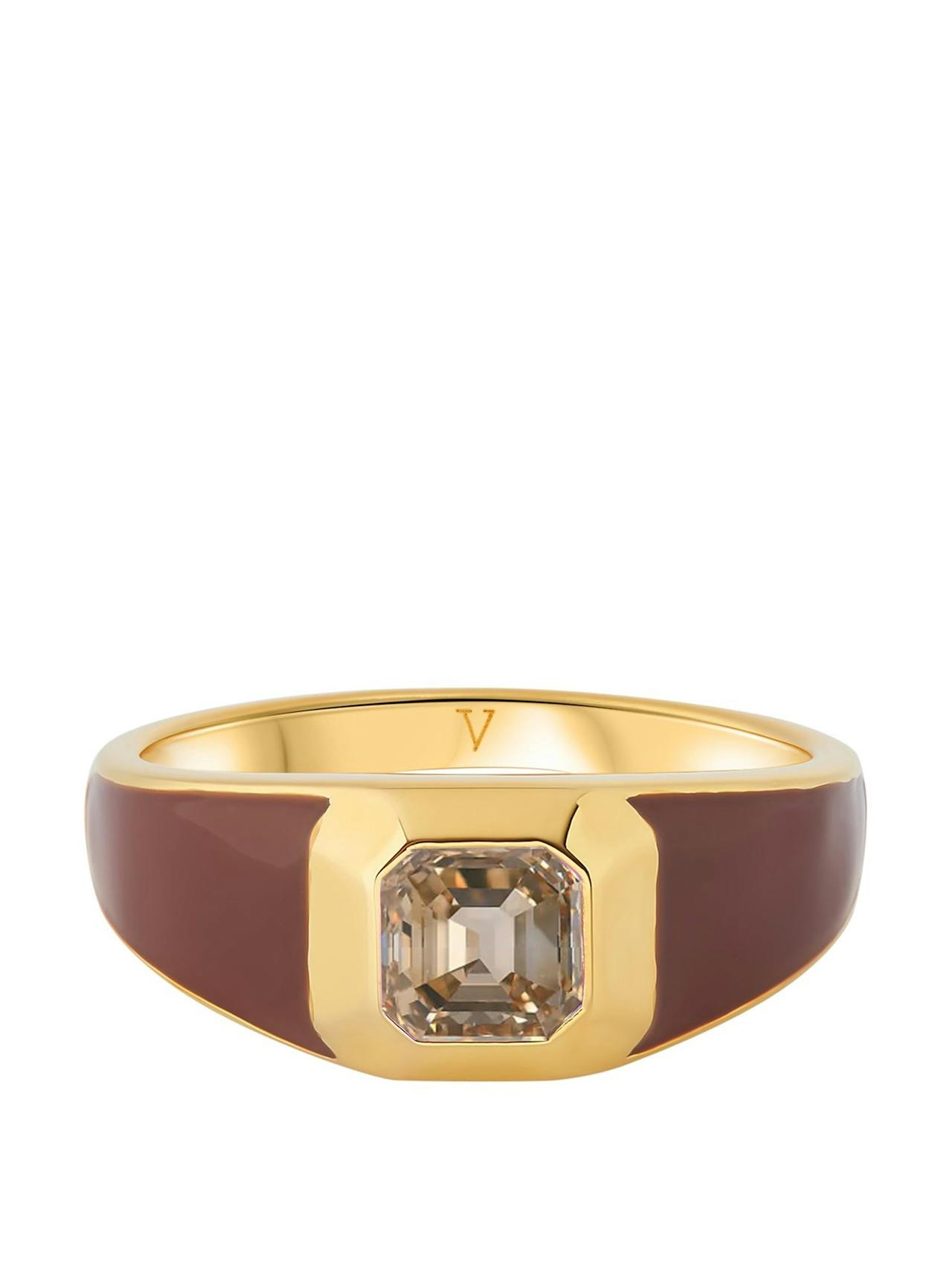 Sophie brown enamel signet ring with champagne stone