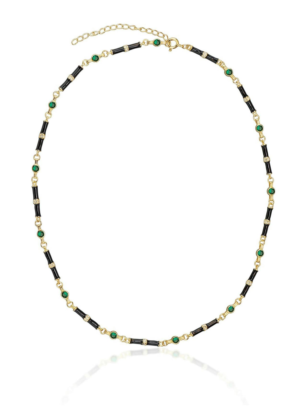 Black enamel Marlowe necklace with emerald green stone