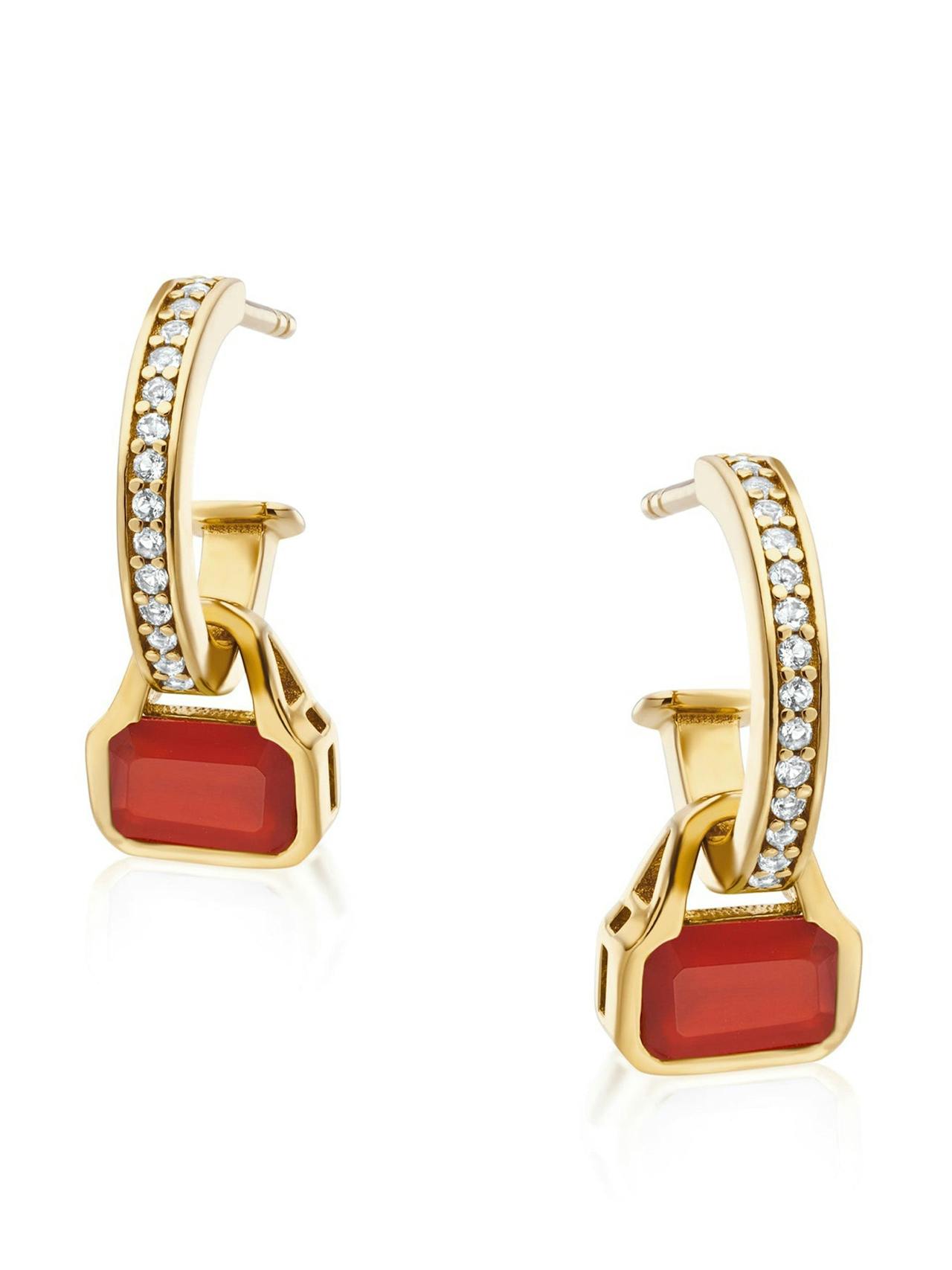 Red Agate charms on white topaz hoop earrings