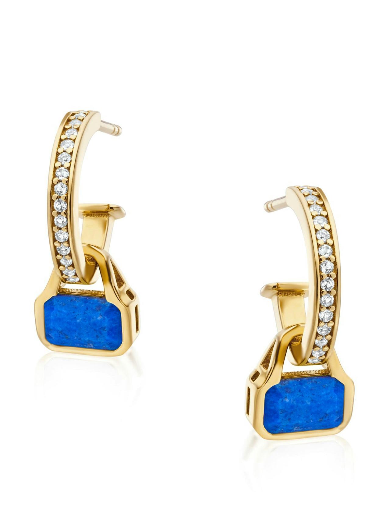 Blue Lapis charms on white topaz hoop earrings