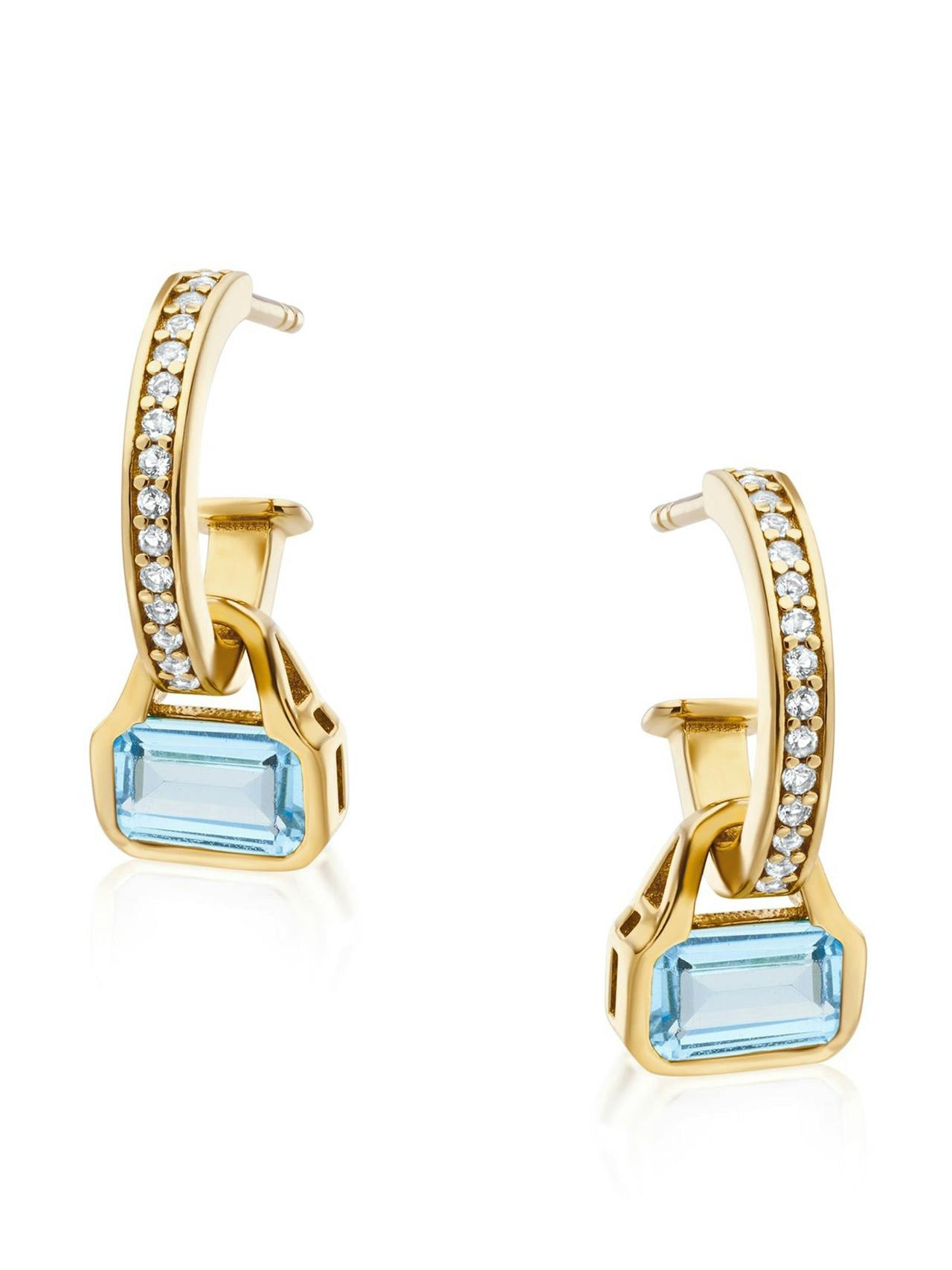 Swiss blue Topaz charms on white topaz hoop earrings