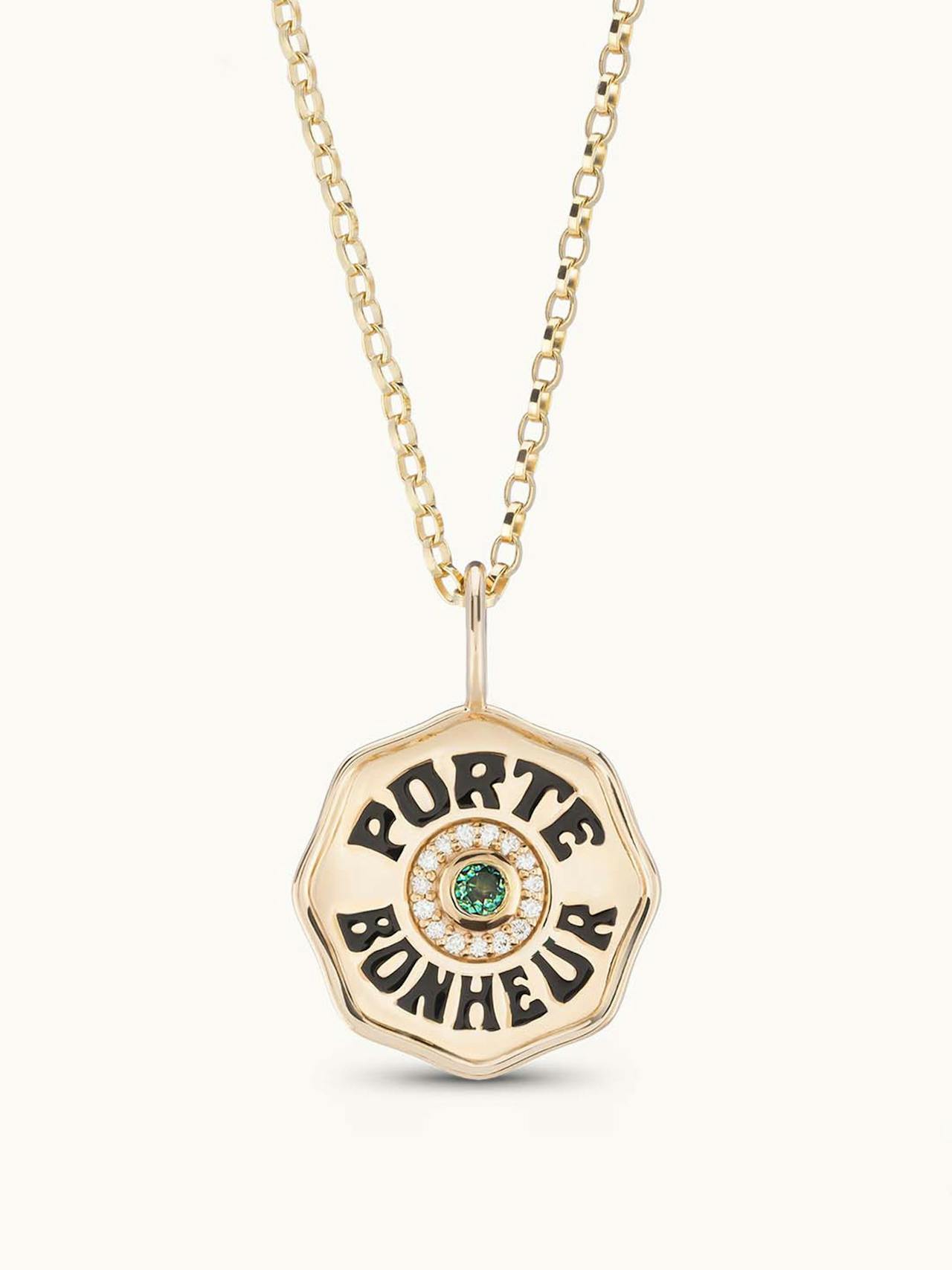 Mini Porte Bonheur necklace in diamond halo and emerald