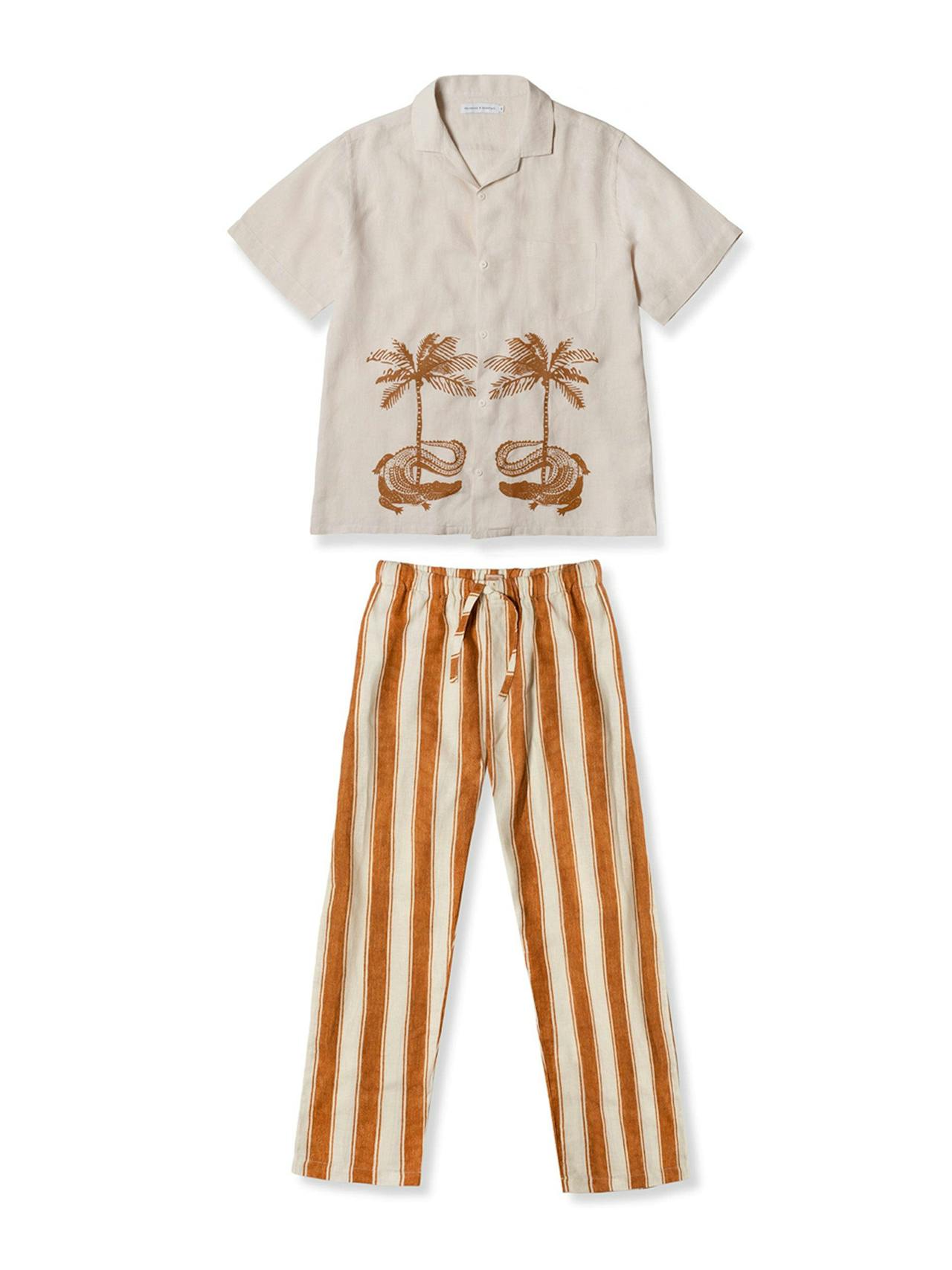 Men’s cuban long sleeve and trouser pyjama set croc/feluka cream/bronze linen