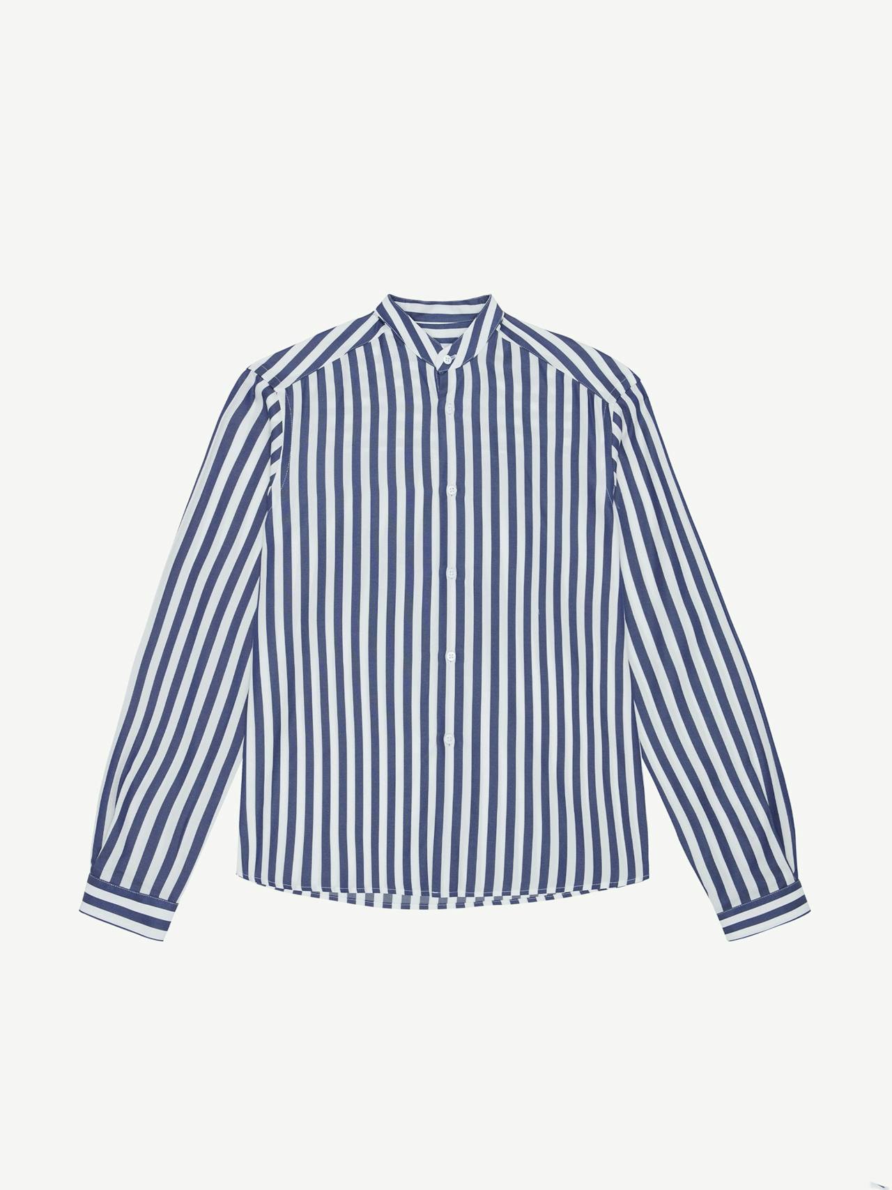 The Girlfriend Collarless tencel, navy blue stripe shirt