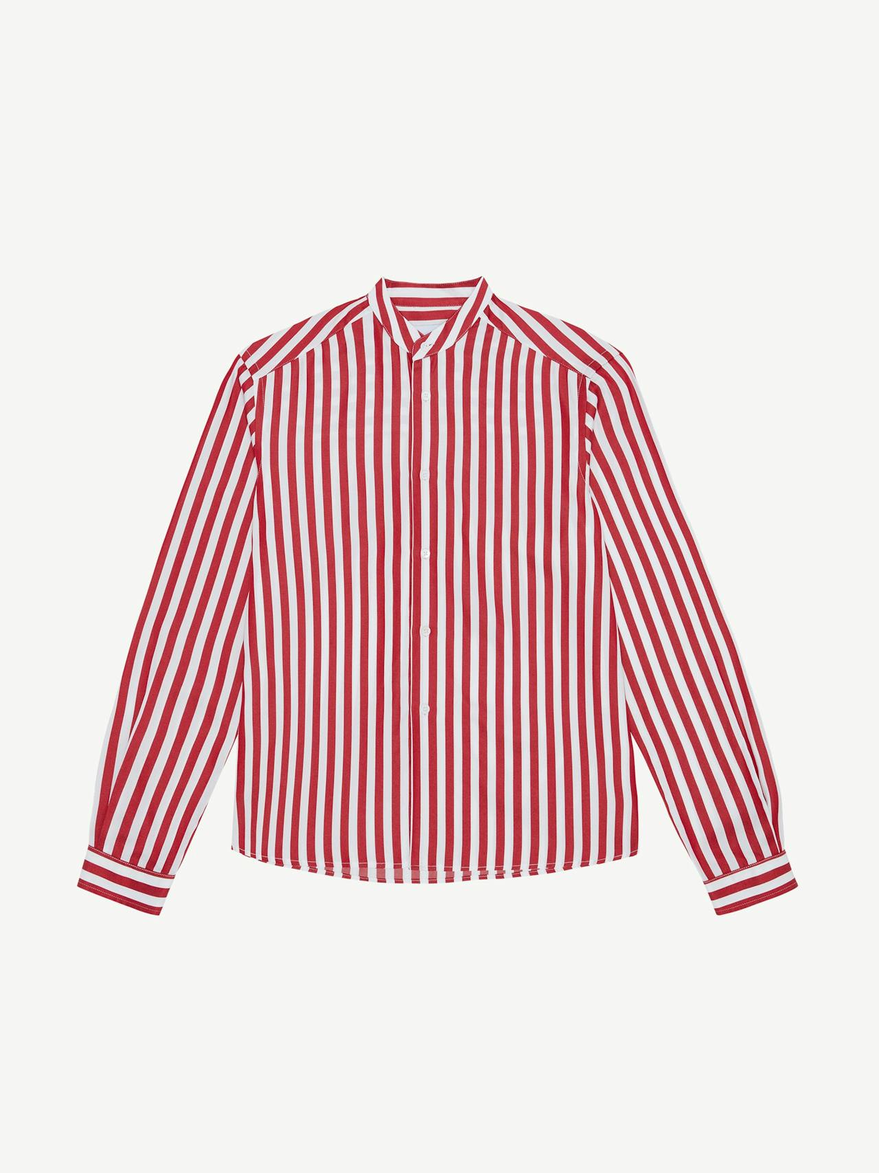 The Girlfriend Collarless: tencel, maple red stripe shirt