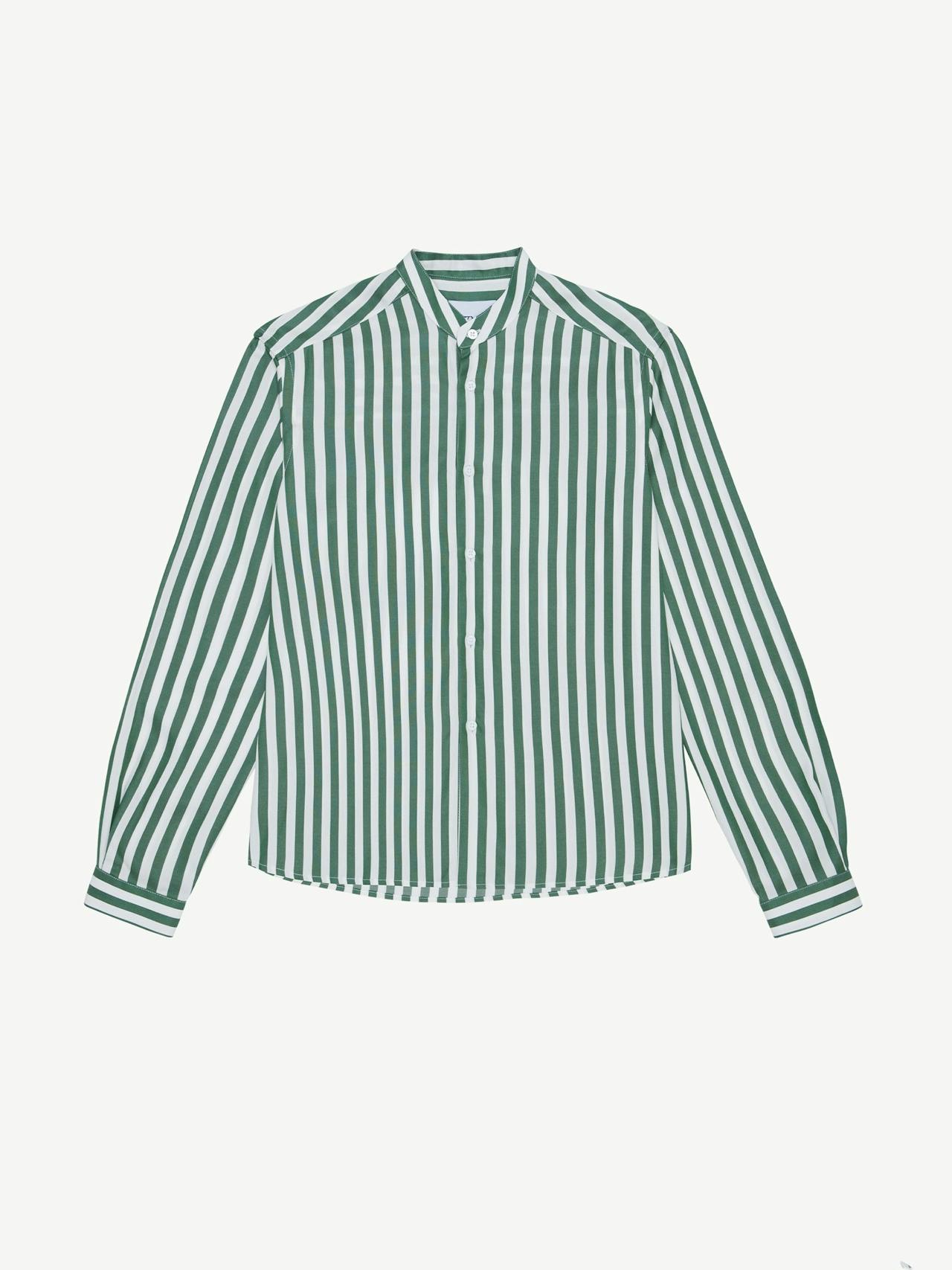 The Girlfriend Collarless tencel, forest green stripe shirt