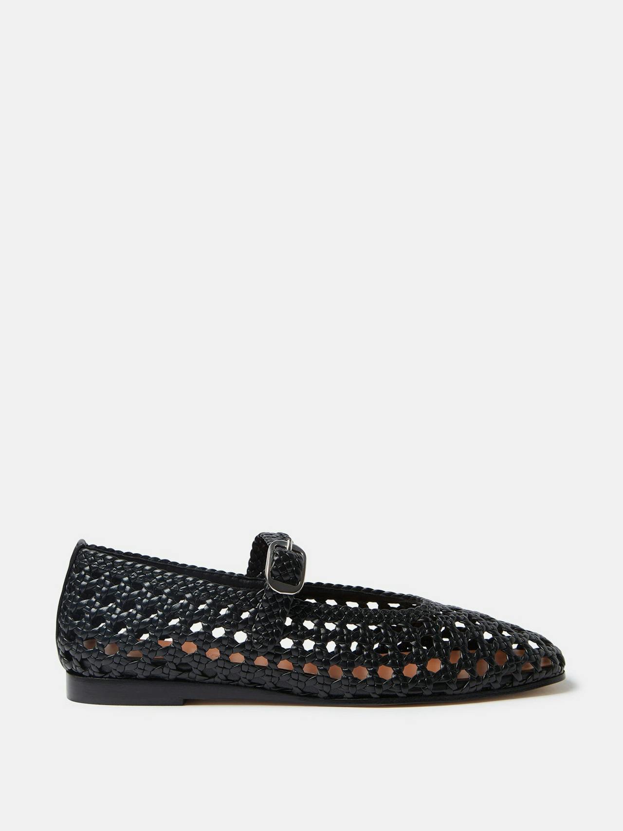 Black leather woven Mary Jane flats