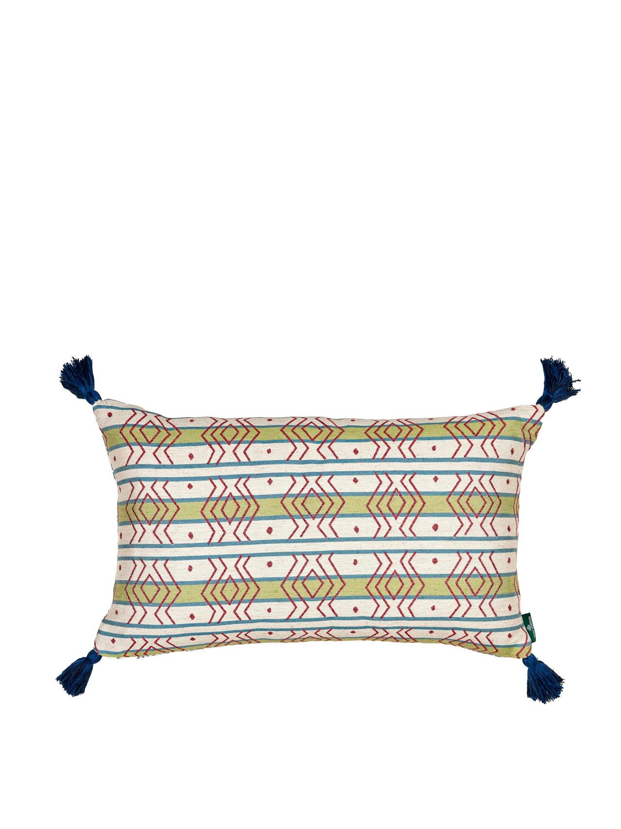 Azteca stripe leaf and ashok petrol cushion with blue tassels