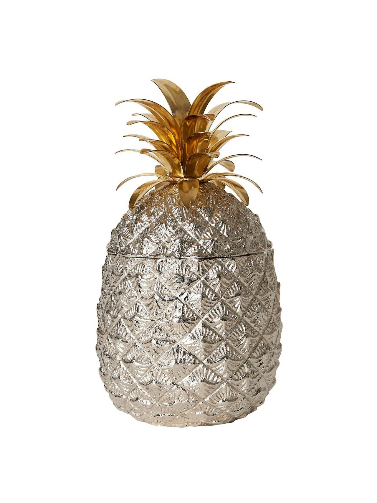 Small silver-plated pineapple ice bucket with brass leaves
