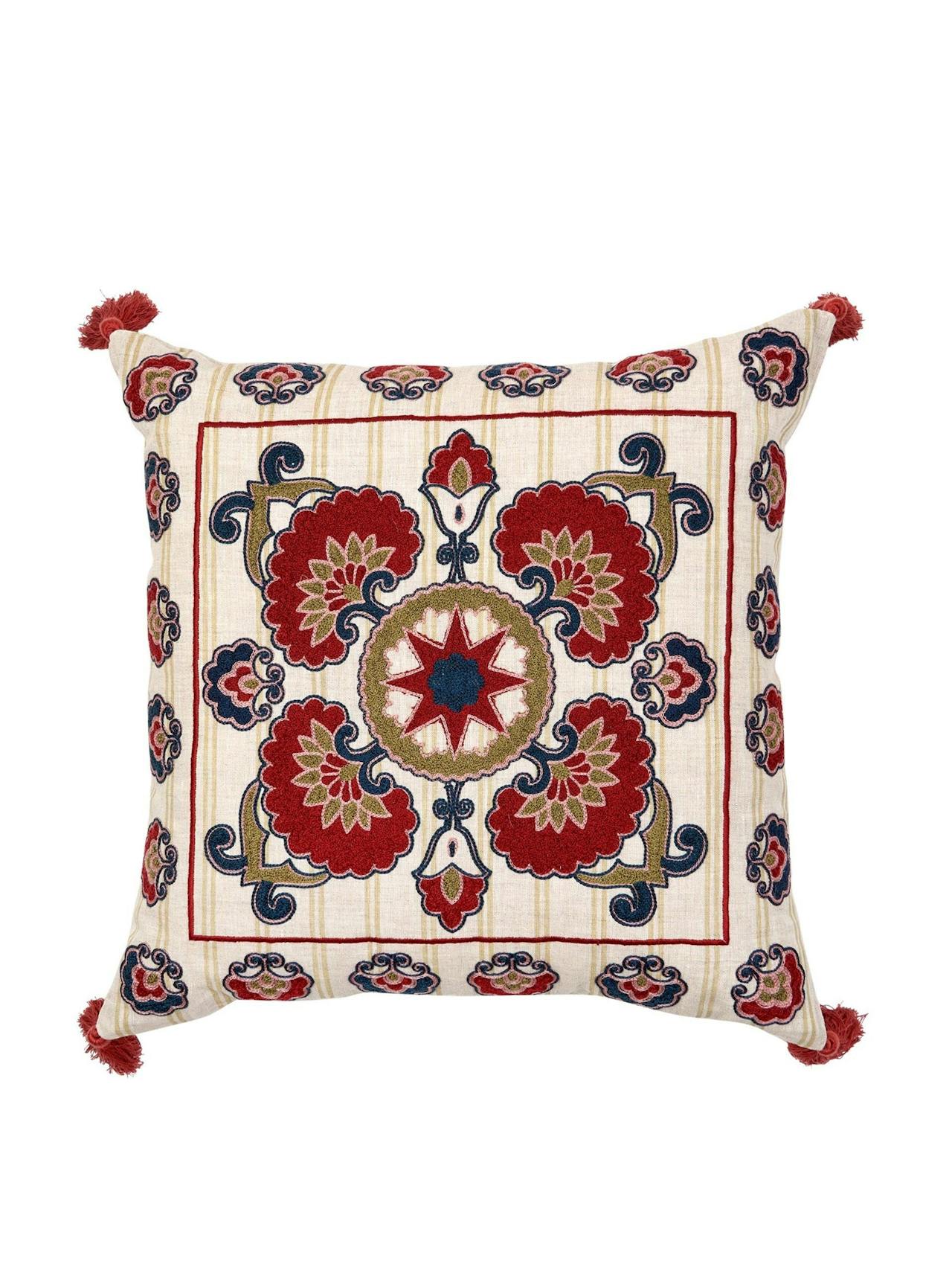 Shanti Embroidered Square Cushion with Pink Tassels