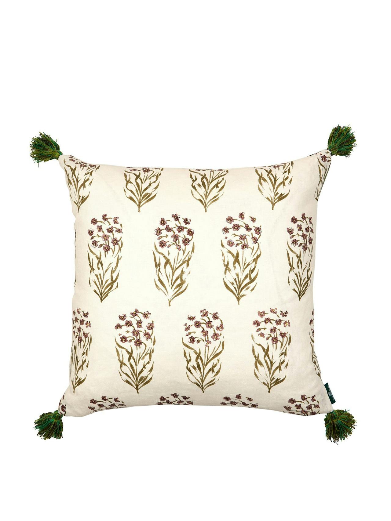 Kalindi green sienna and meknes stripe pine ivy cushion with green tassels