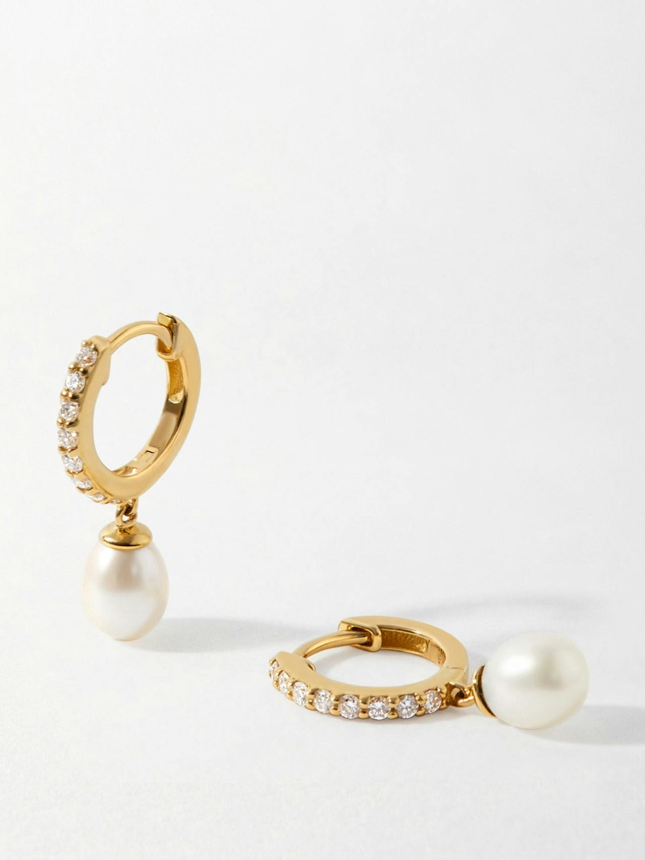 Pearl pave diamond huggie earrings