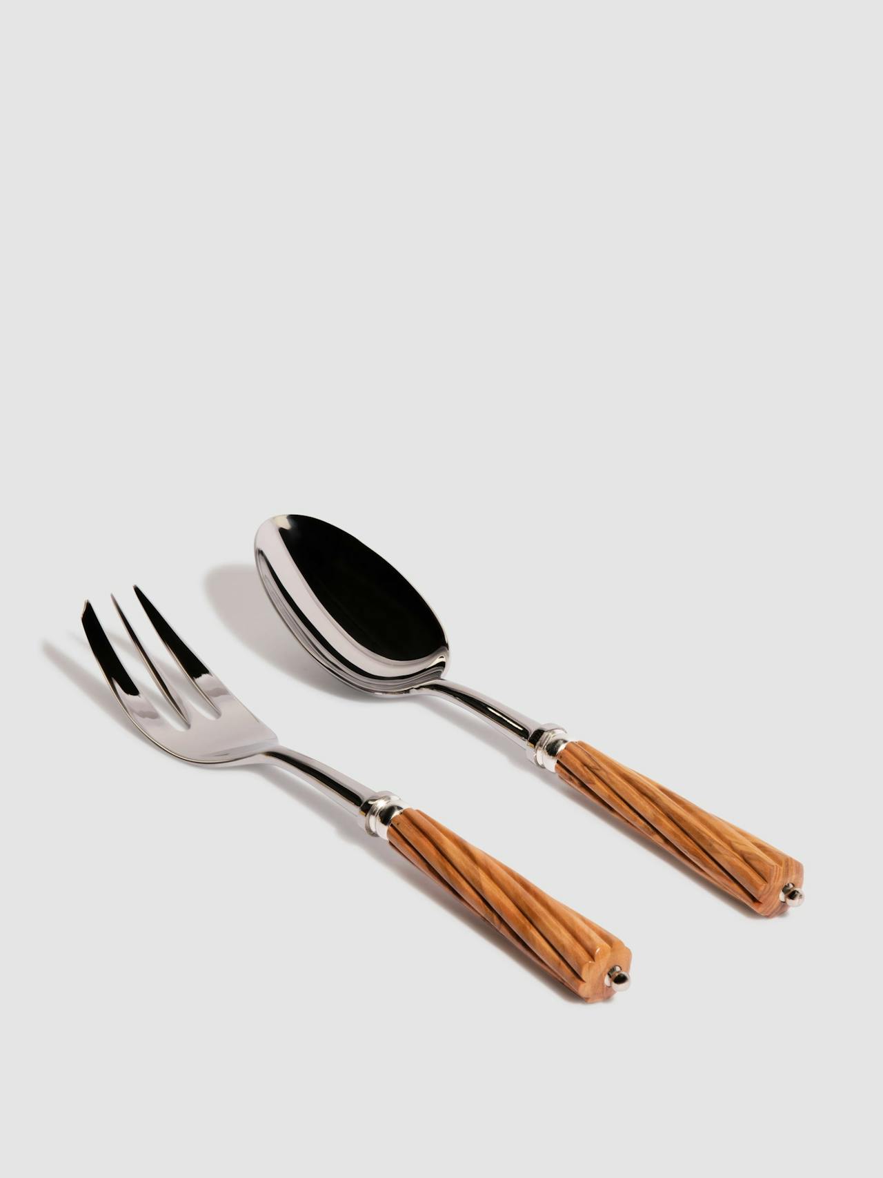 Romilly silver plated serving fork and spoon set, with carved olivewood