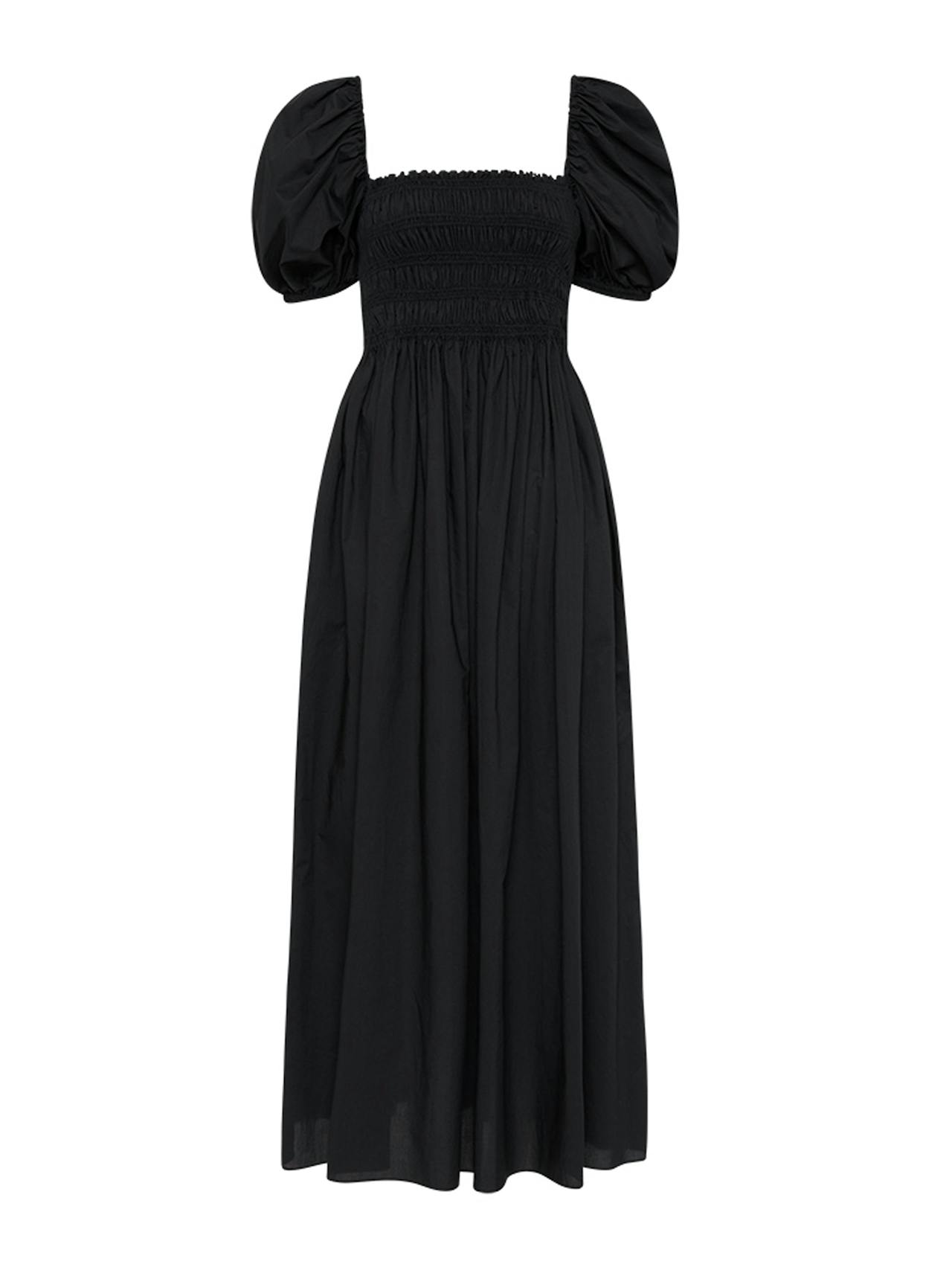 Black shirred bodice peasant dress