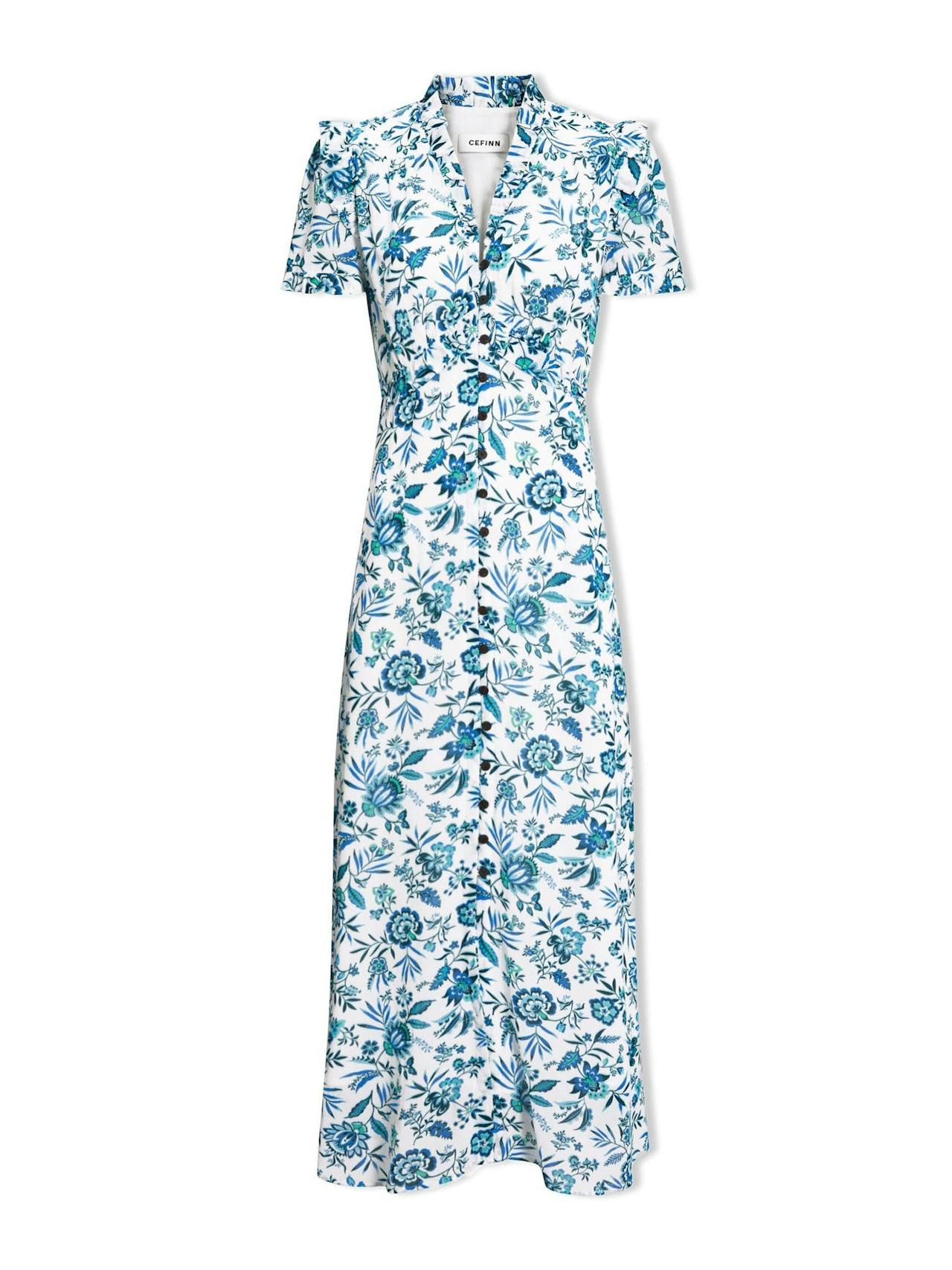 White blue palm floral Liliana cotton blend maxi dress