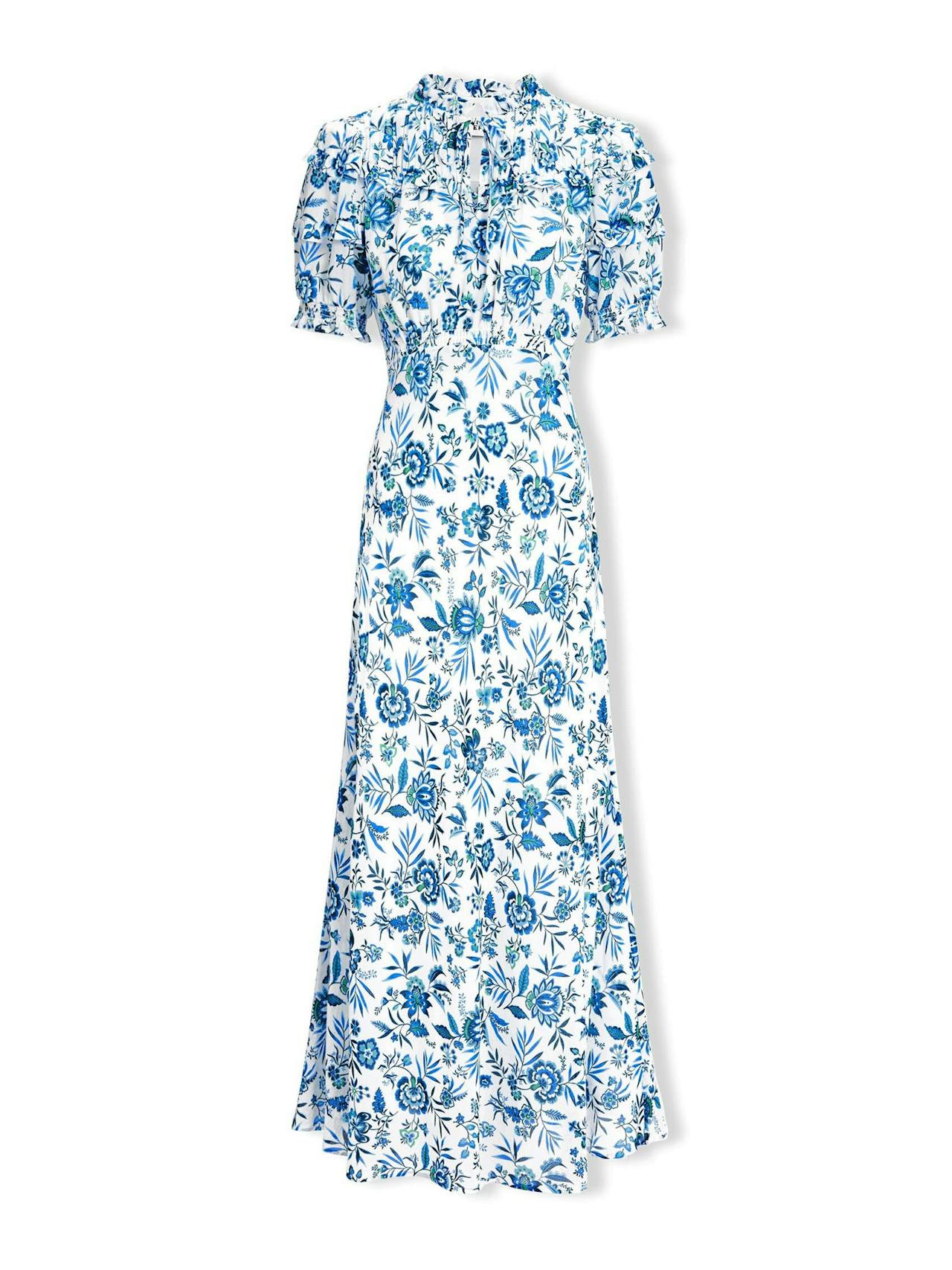 White blue palm floral Viola cotton blend bias cut maxi dress