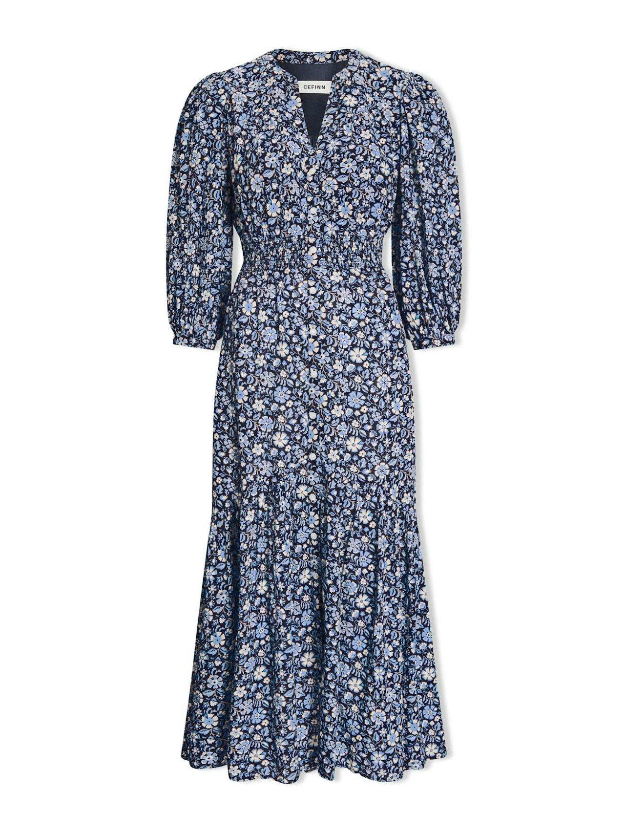 Blue ditsy carnation print Aspen cotton blend maxi dress