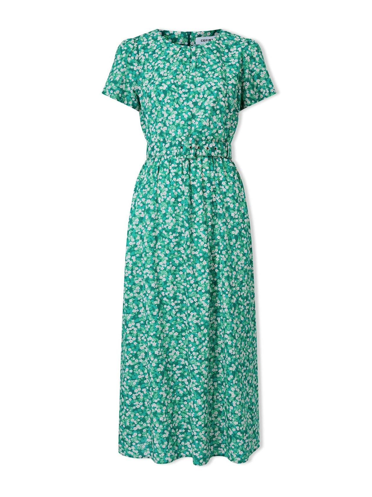 Mid green blossom print Nina cotton blend maxi dress