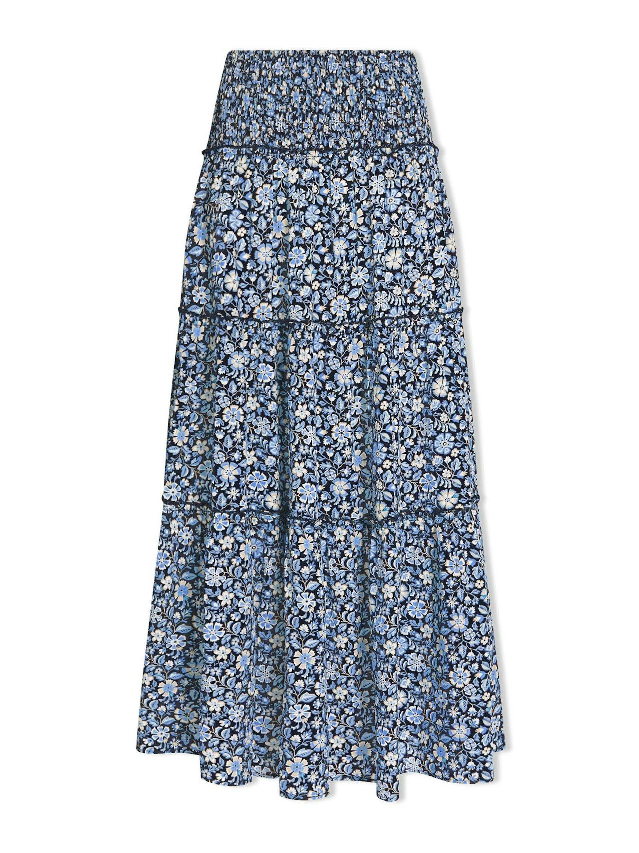 Blue ditsy carnation print Kira cotton blend maxi skirt