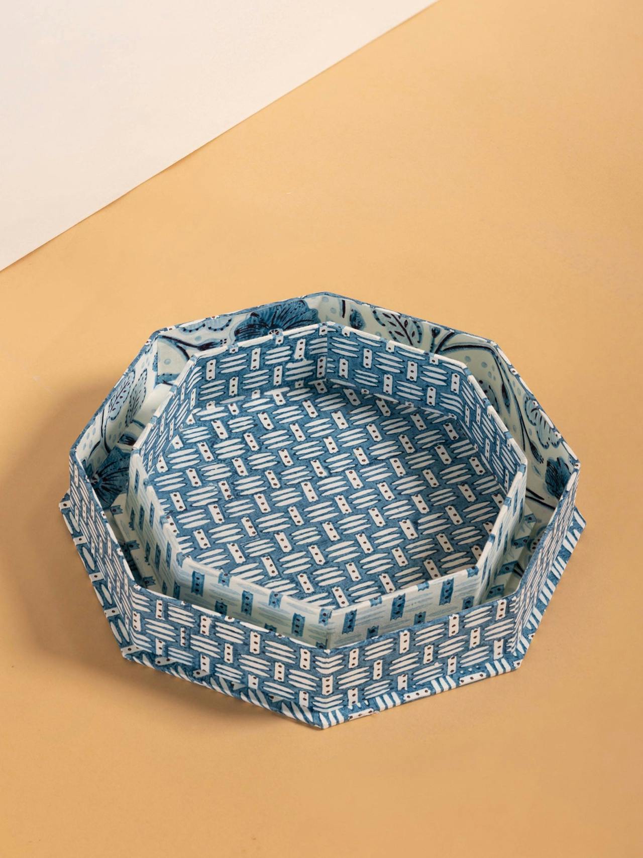 Blue basketweave octagonal trays, set of 2