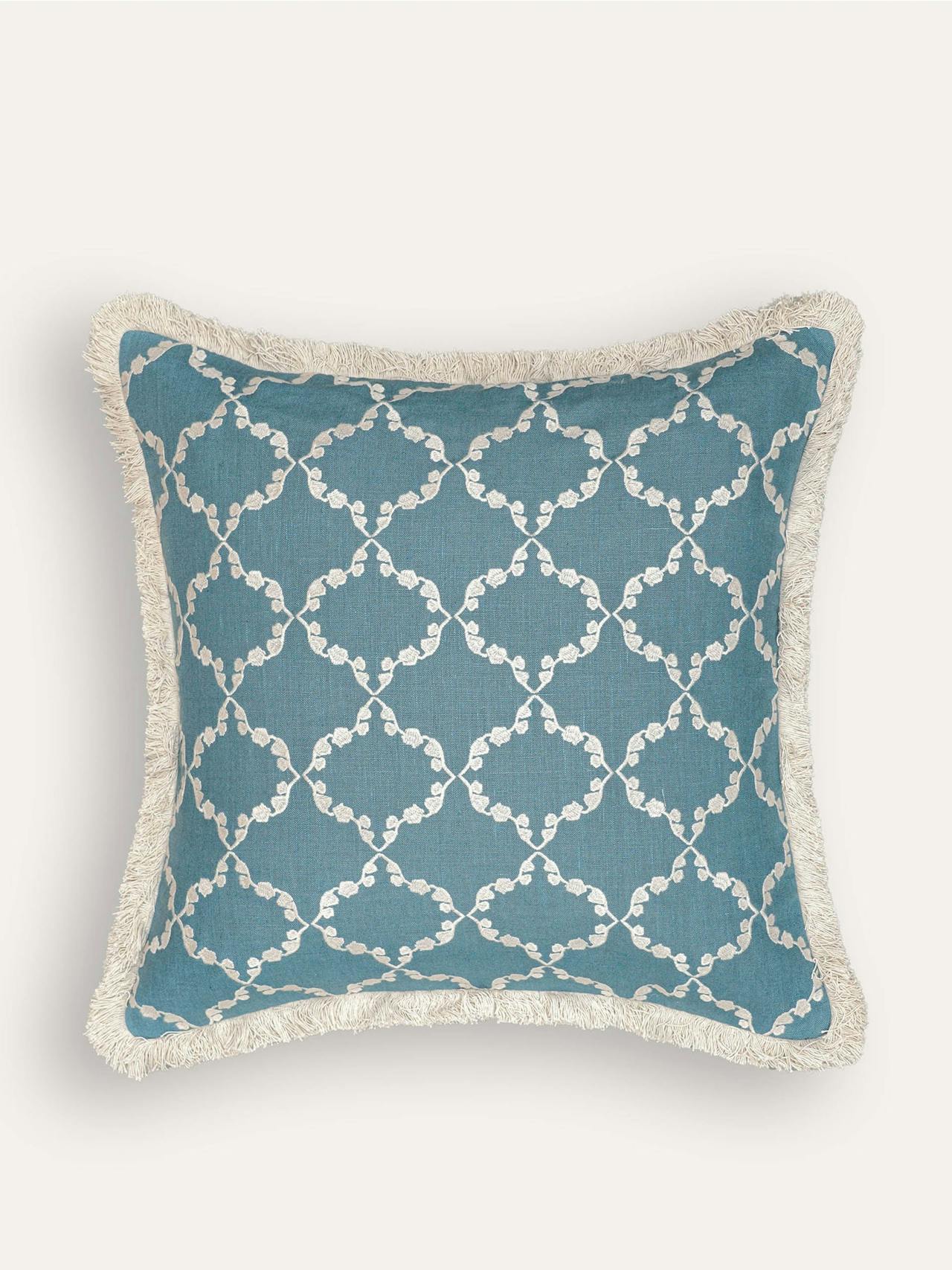 Blue embroidered linen cushion