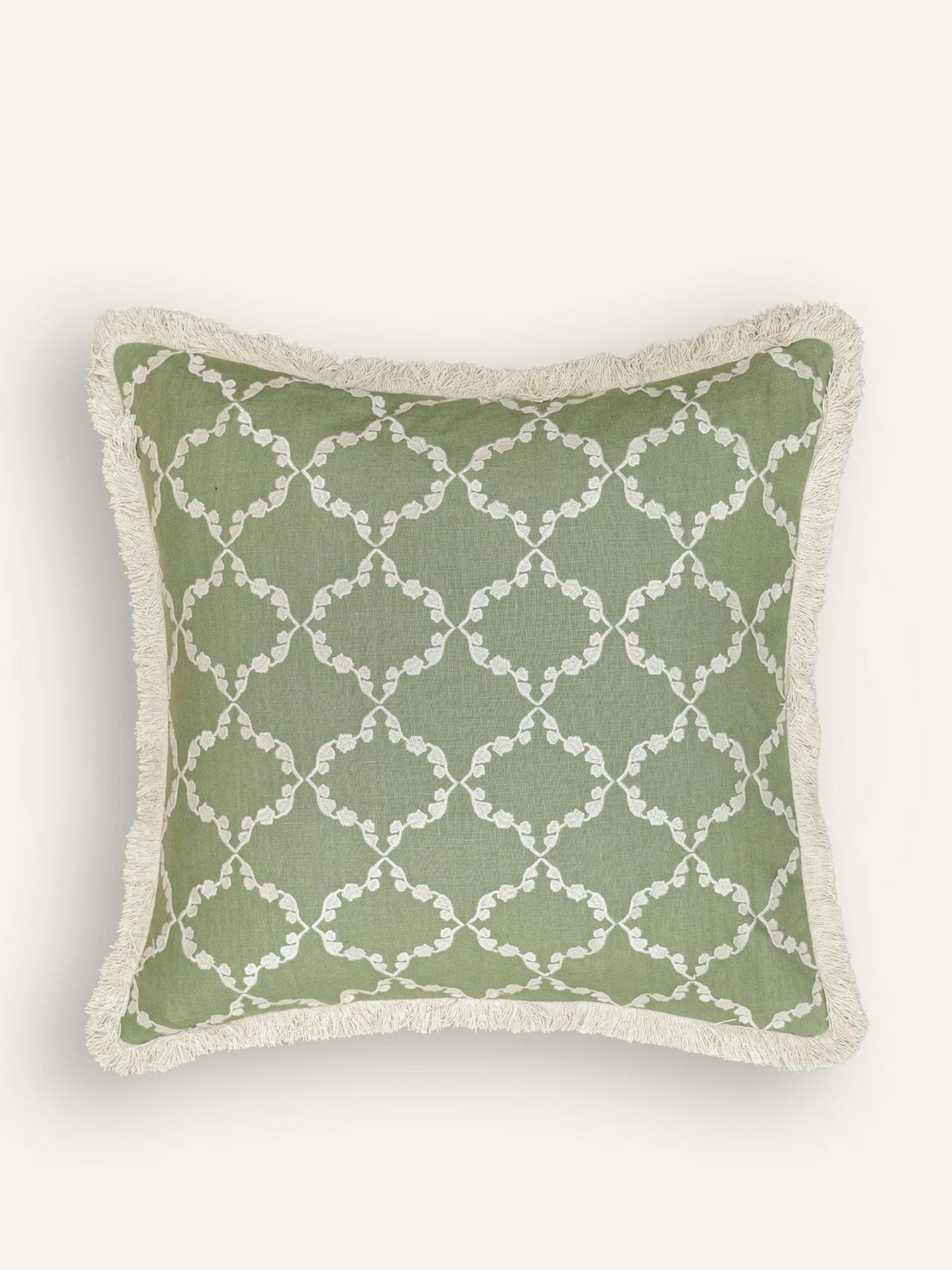 Green embroidered linen cushion