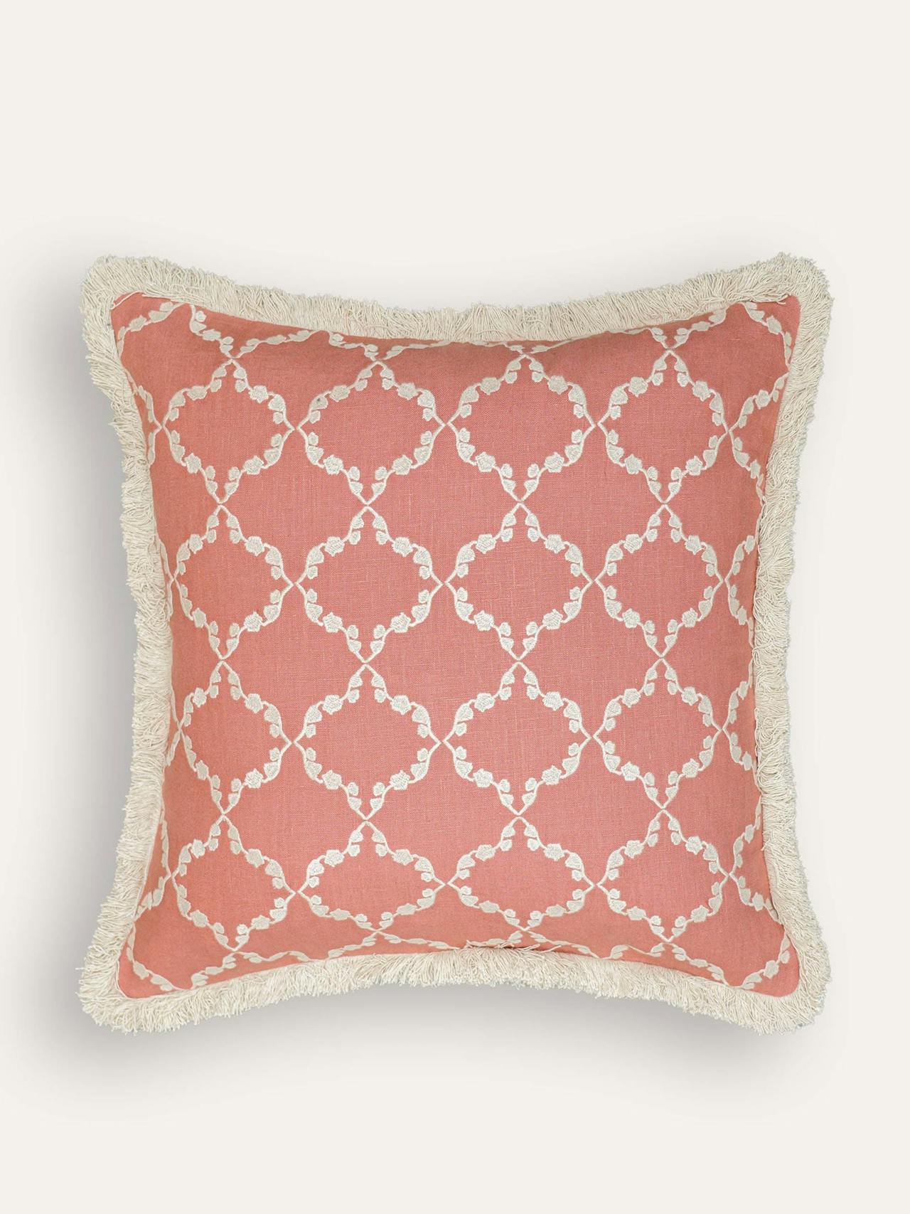 Pink embroidered linen cushion