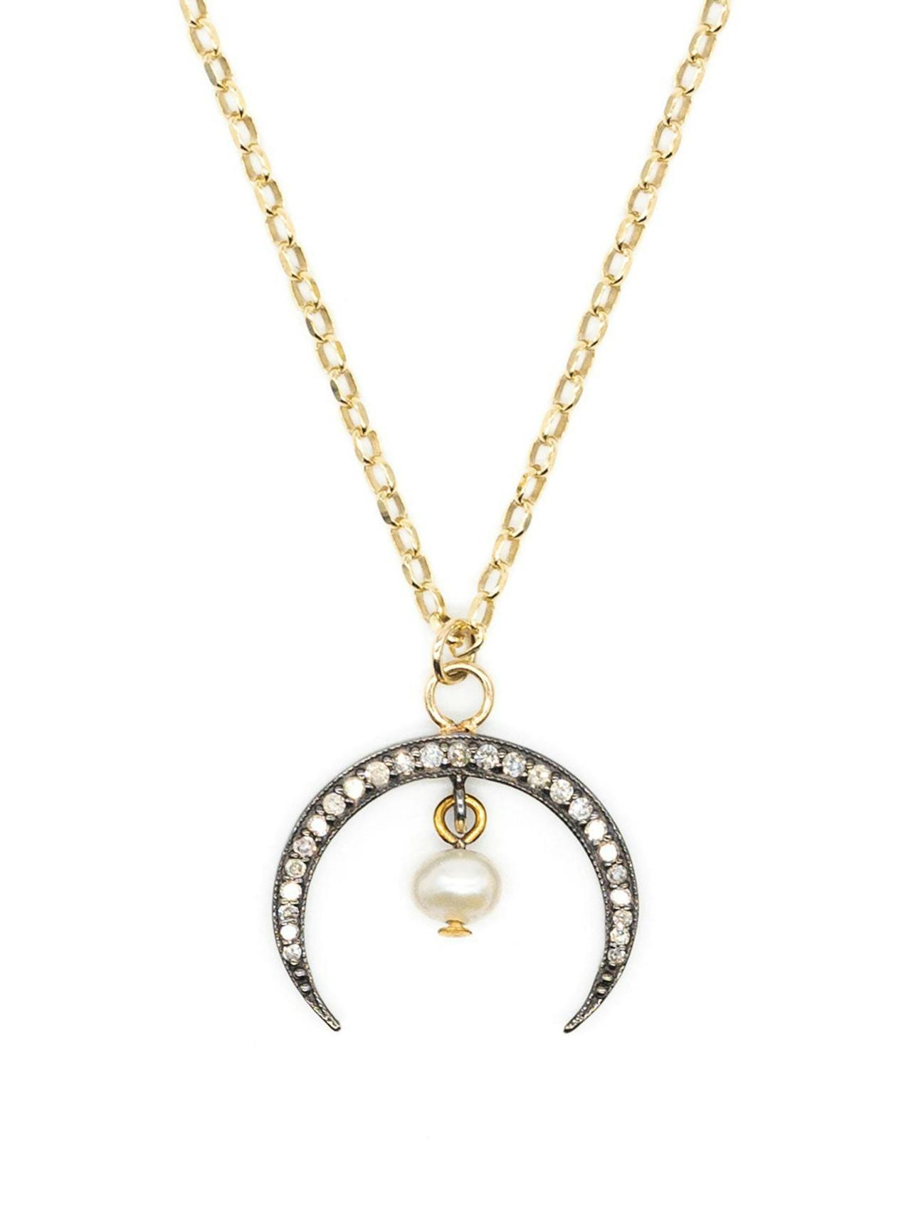 Diamond horn and pearl drop necklace