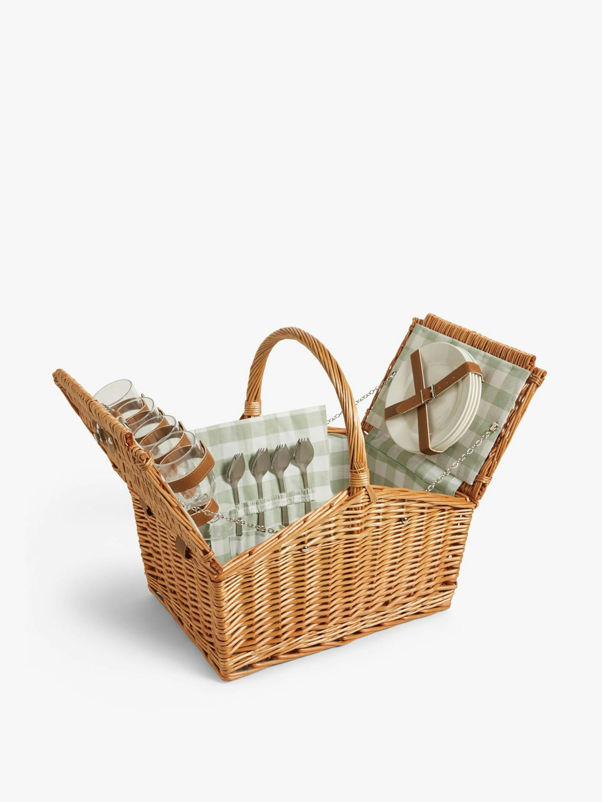 Gingham filled willow wicker picnic hamper