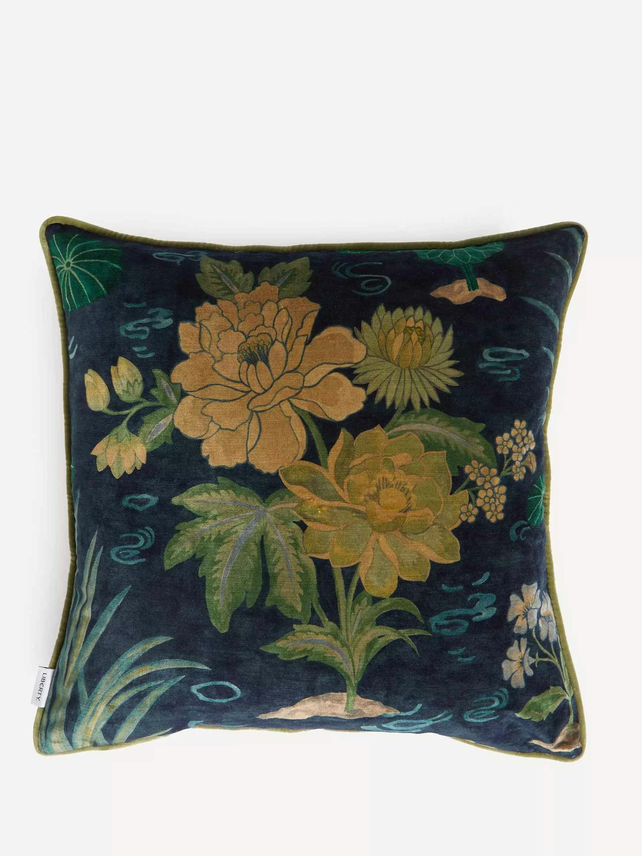 Lotus garden velvet square cushion in jade