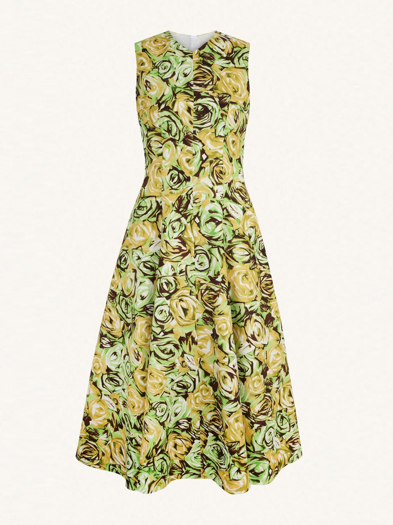 Madi dress in abstract green and lemon rose printed twill