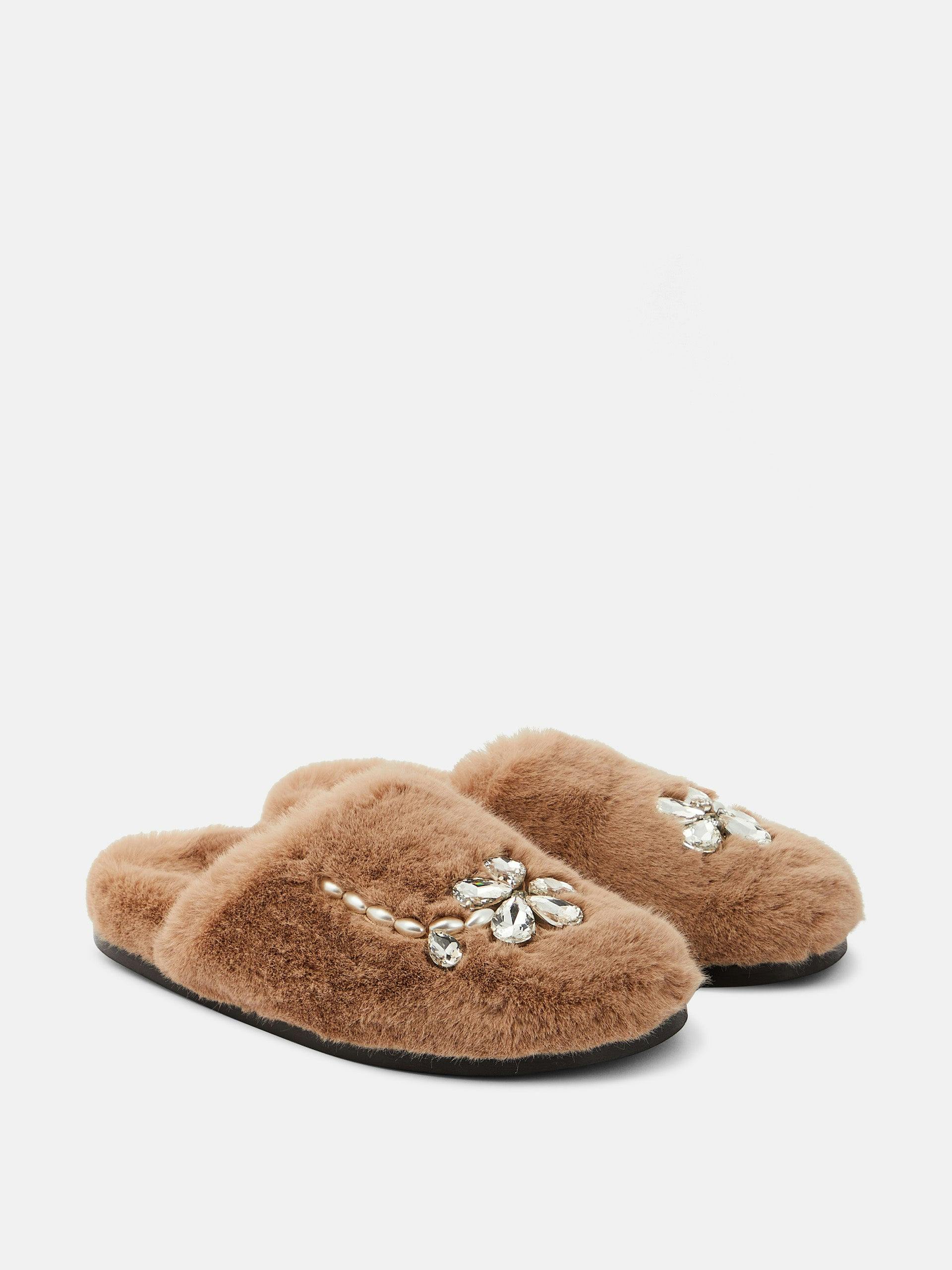 Embellished faux fur slippers