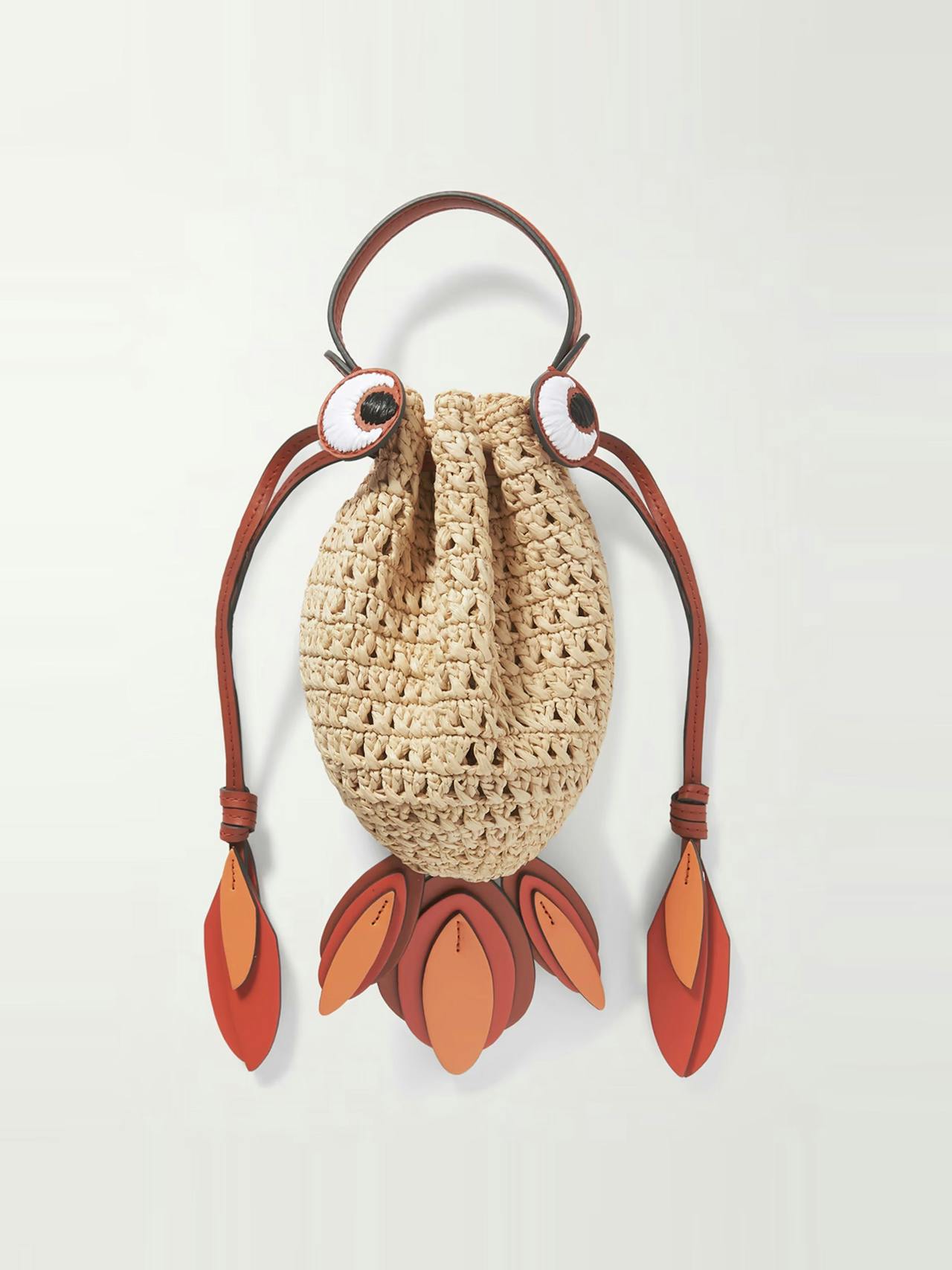 Goldfish leather-trimmed embroidered raffia shoulder bag
