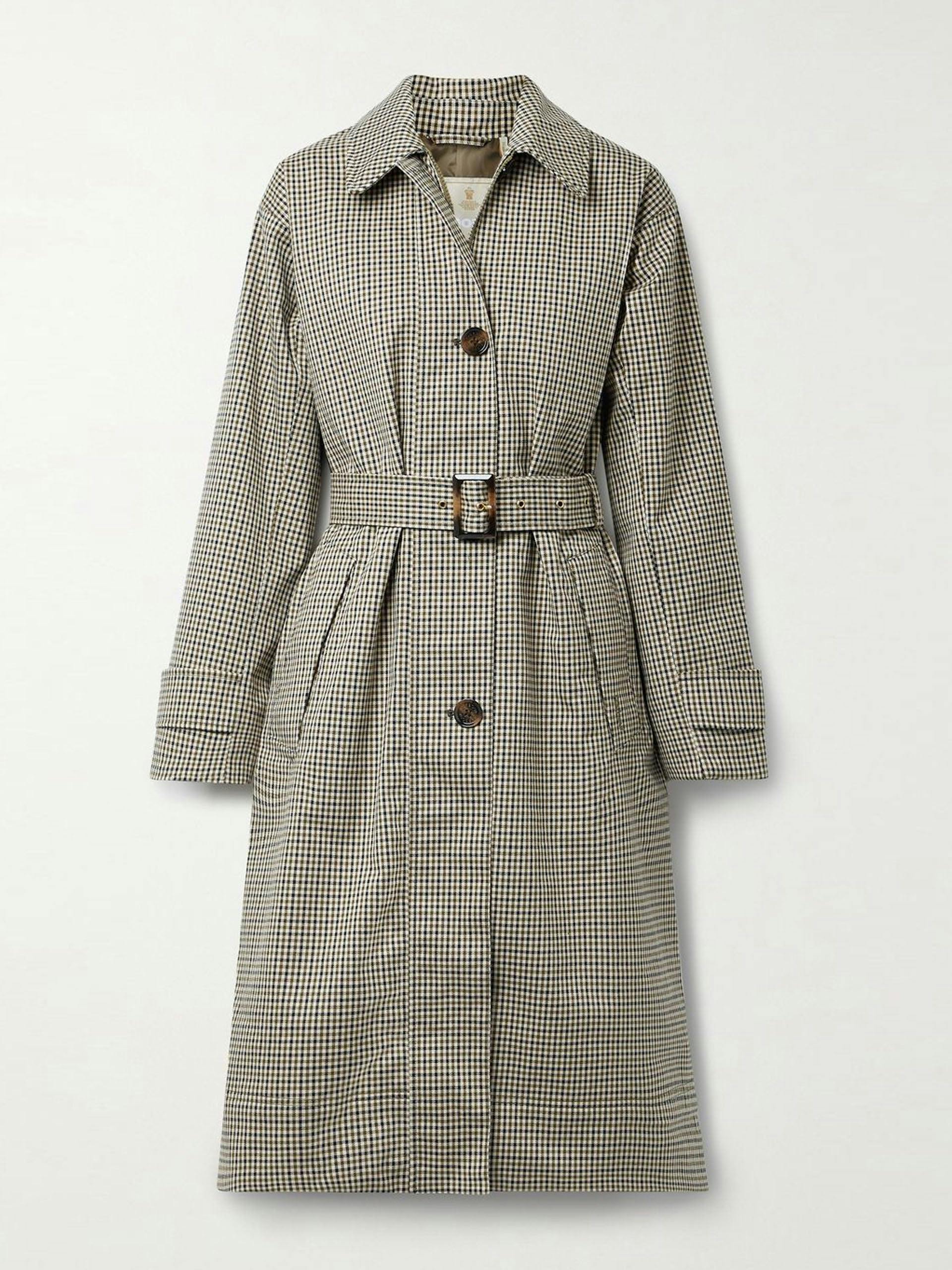 Grey belted checked trench coat