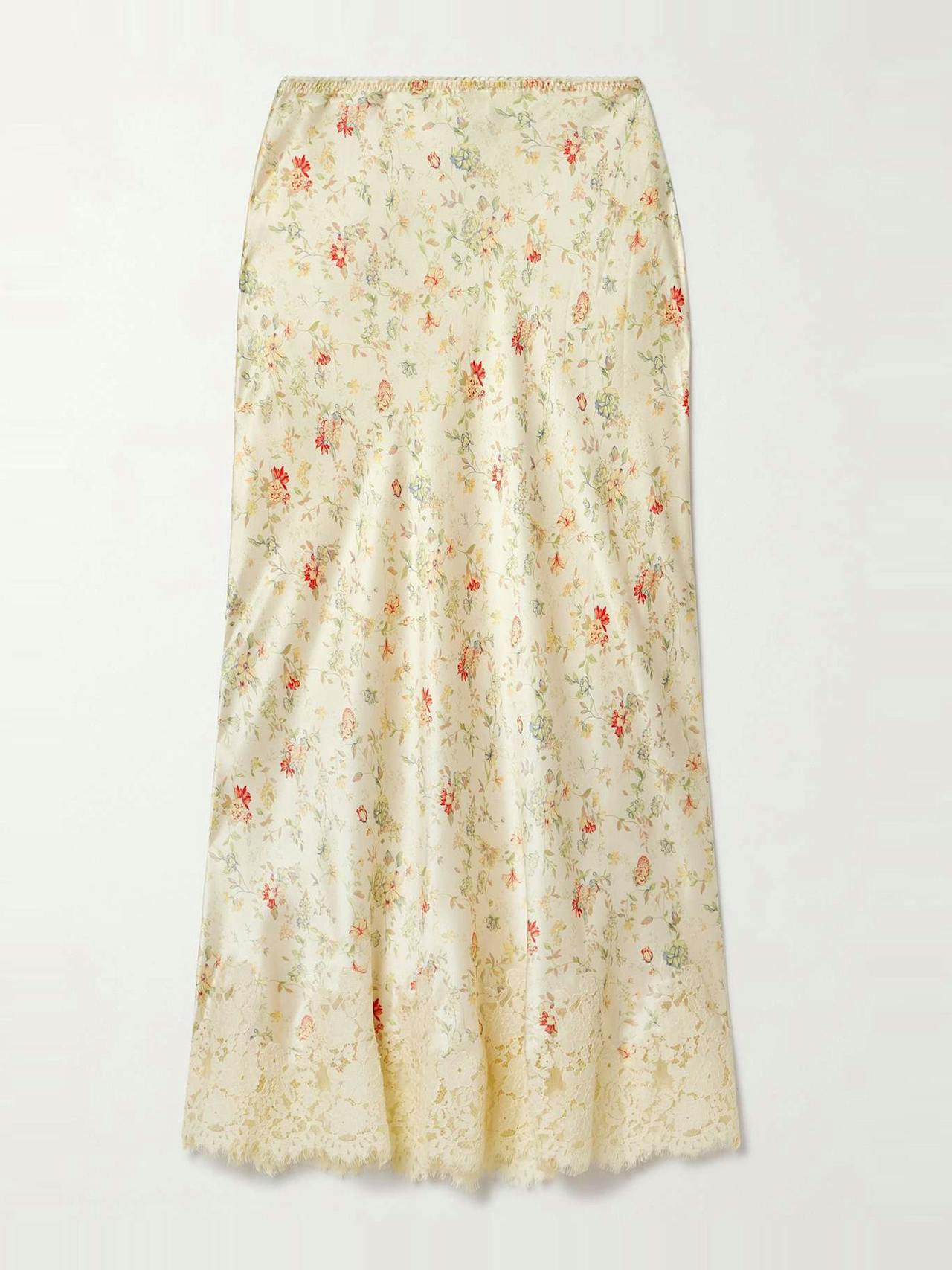 Elowen lace-trimmed floral-print silk-charmeuse midi skirt