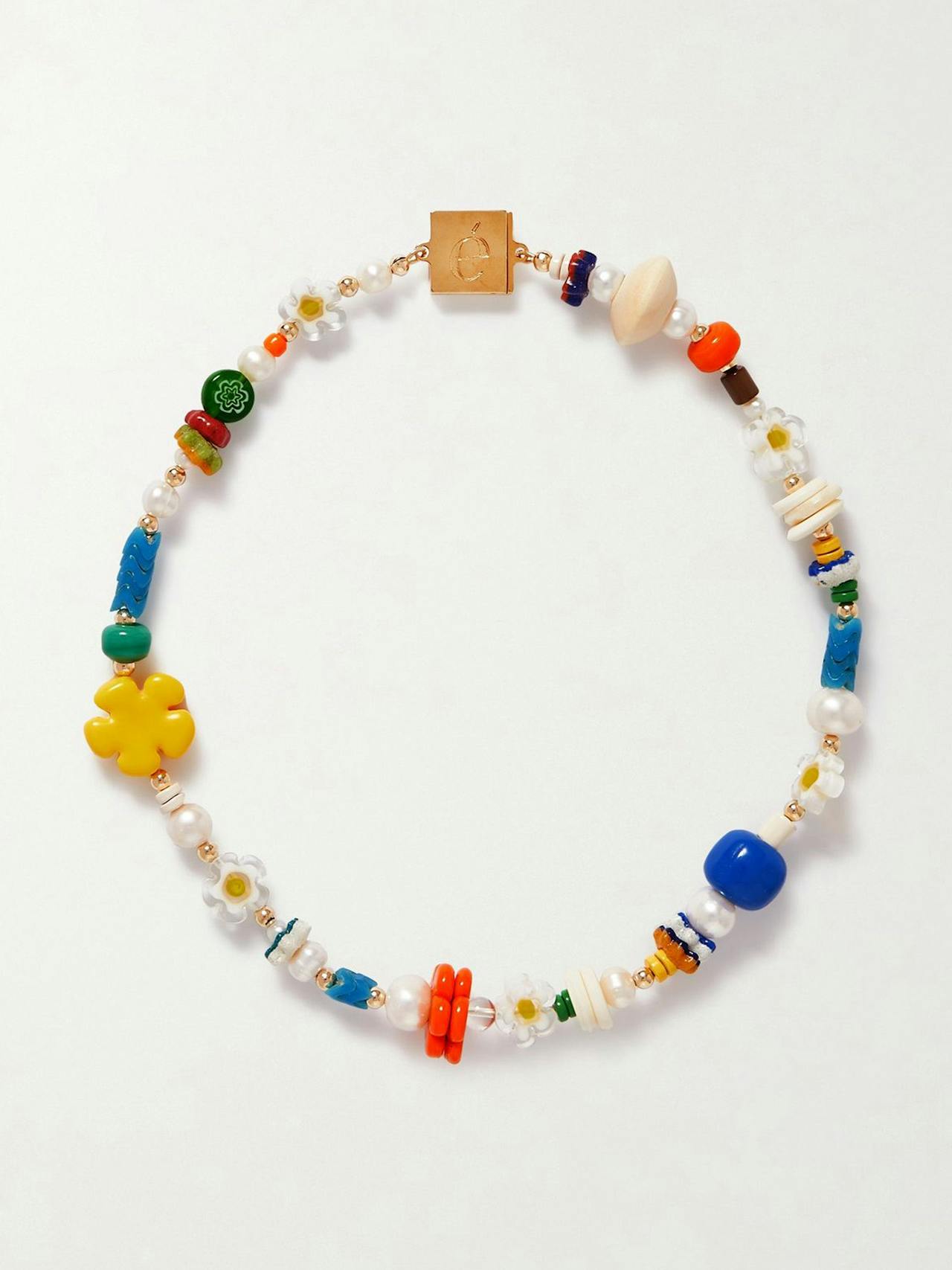 Gold-plated, pearl, resin, enamel and wood necklace