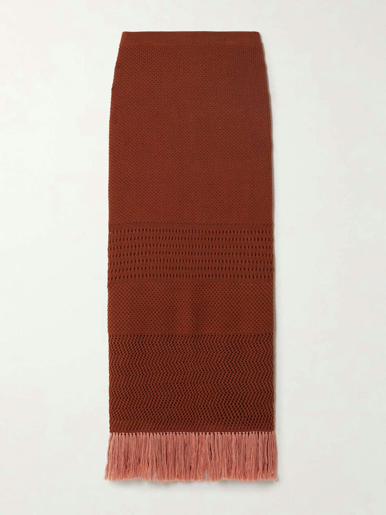 Carisa fringed open-knit cotton midi skirt